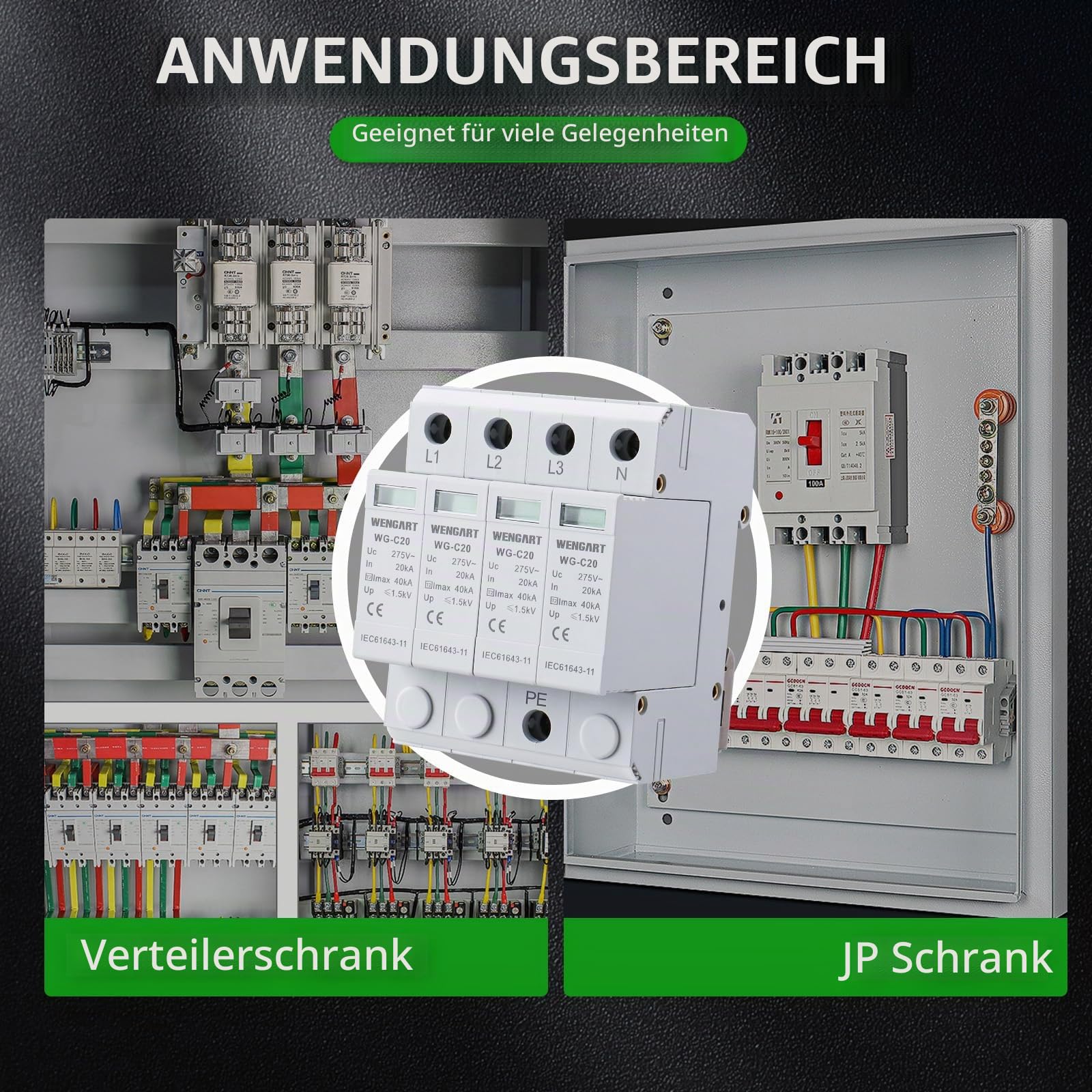 Wengart Überspannungsschutz Typ 2 (SPD), 4-polig 20kA-40kA, AC 275V, Hausableiter für TN-S & TT-Systeme, Blitzschutzmodul für DIN-Schiene, Steckbar & mit Statusanzeige, WG-C20