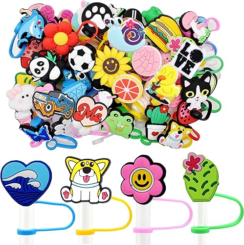 50 fundas de paja de 0.32 pulgadas, a prueba de polvo, lindas cubiertas reutilizables para popotes, cubierta de paja de PVC para vasos de