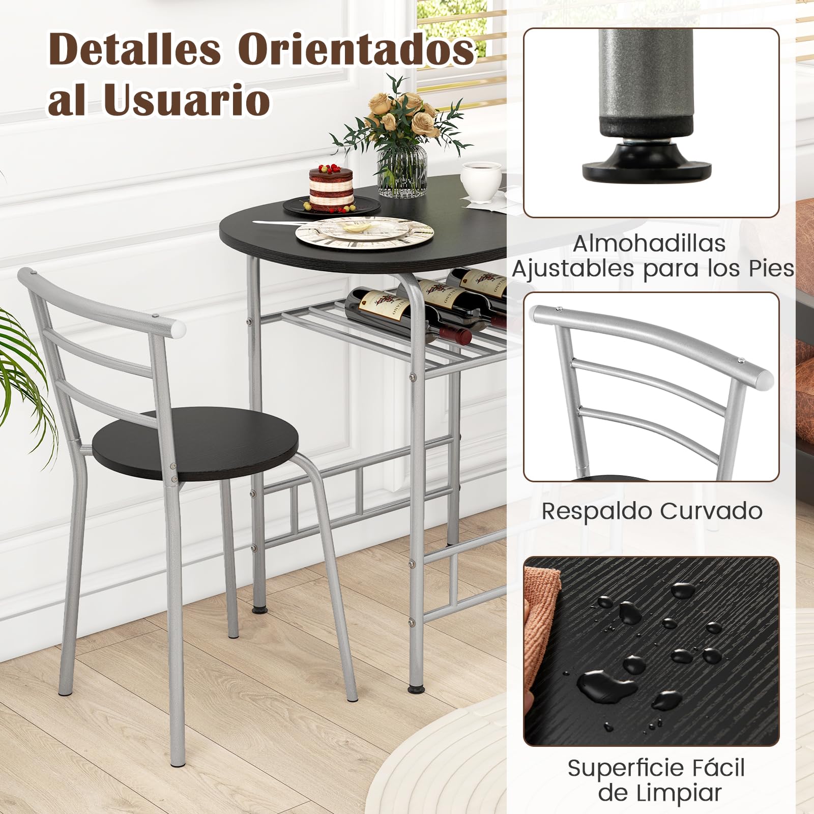 GIANTEX Juego de Comedor de 3 Piezas, 1 Mesa Ovalada Pequeña y 2 Sillas con Respaldo, con Botellero, Tablero de Mesa con Ventas de Madera, Marco de Metal, Ahorro Espacio (Negro+Plata)