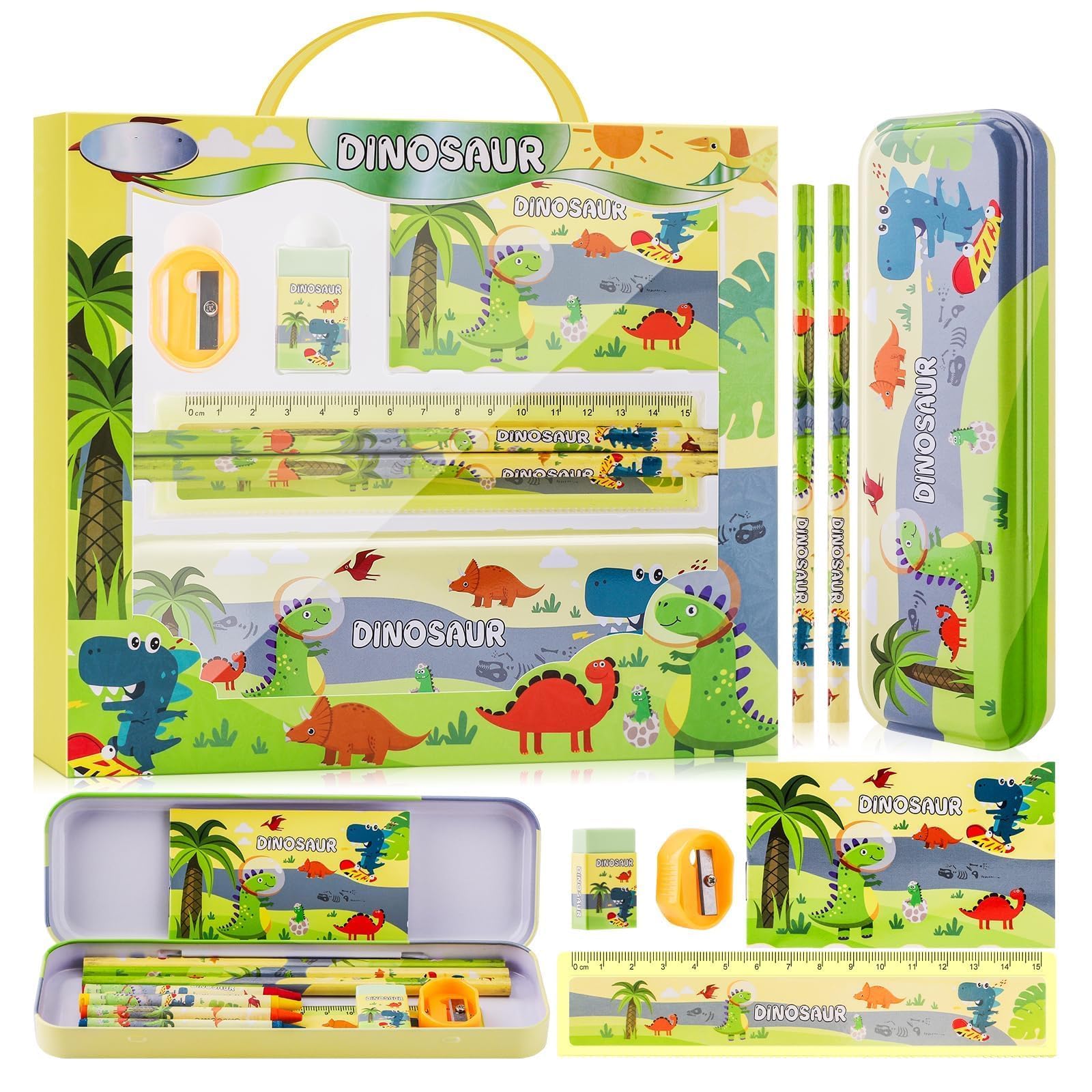 Azonee 7Pcs Dinosaur Stationery Set for Girl, Kids Stationery Gifts Set, Pencil Case, Pencil, Ruler, Mini Notebook, Rubber, Sharpener, School Supplies for Kids Back to School Gifts, Christmas Gifts