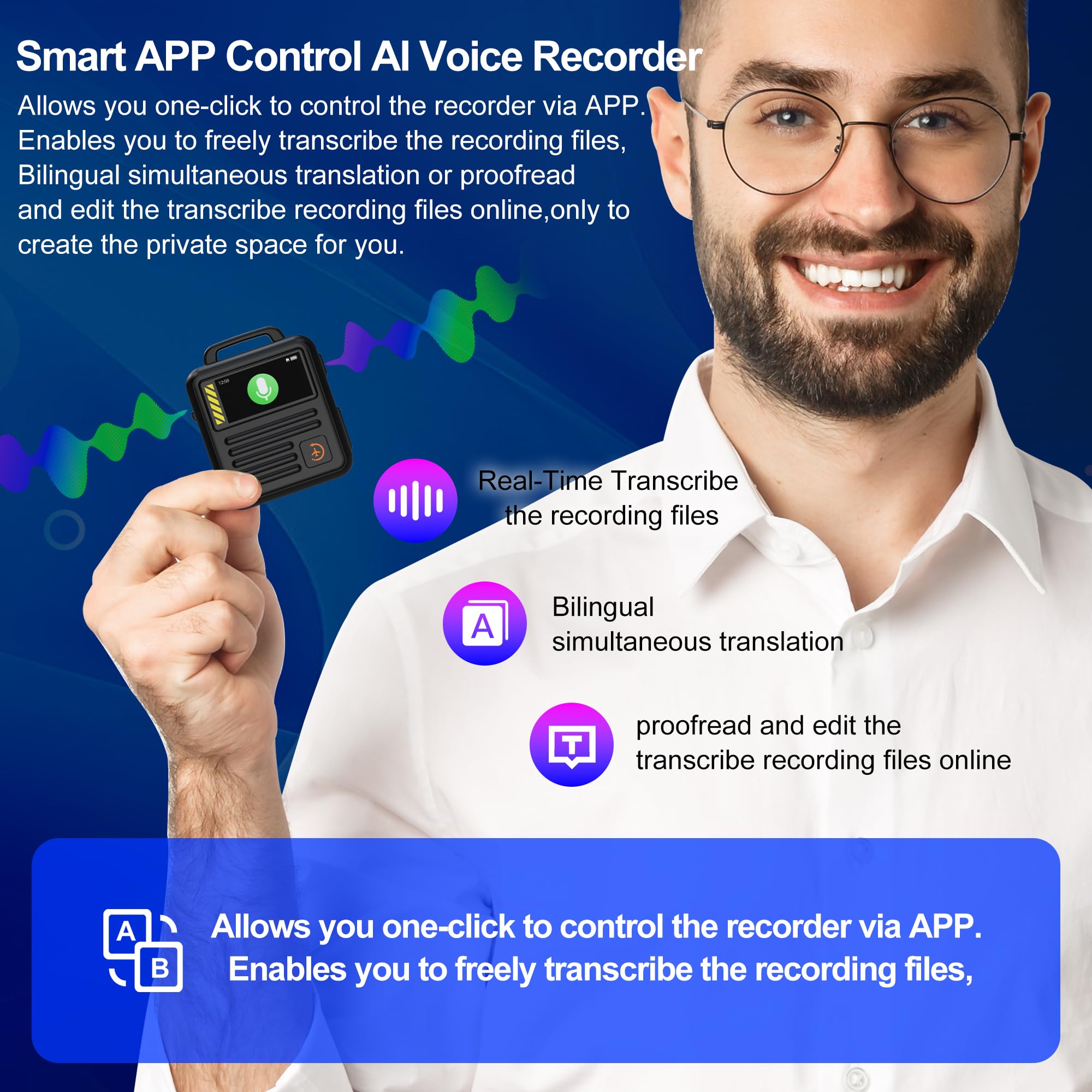 Moresen 16GB(1170Hours) 3072kbps Magnetic AI Voice Recorder APP Control,Transcribe,simultaneous Interpretation Recording Device with Speaker,DSP Noise Reduction Audio Recorder with Password, Black