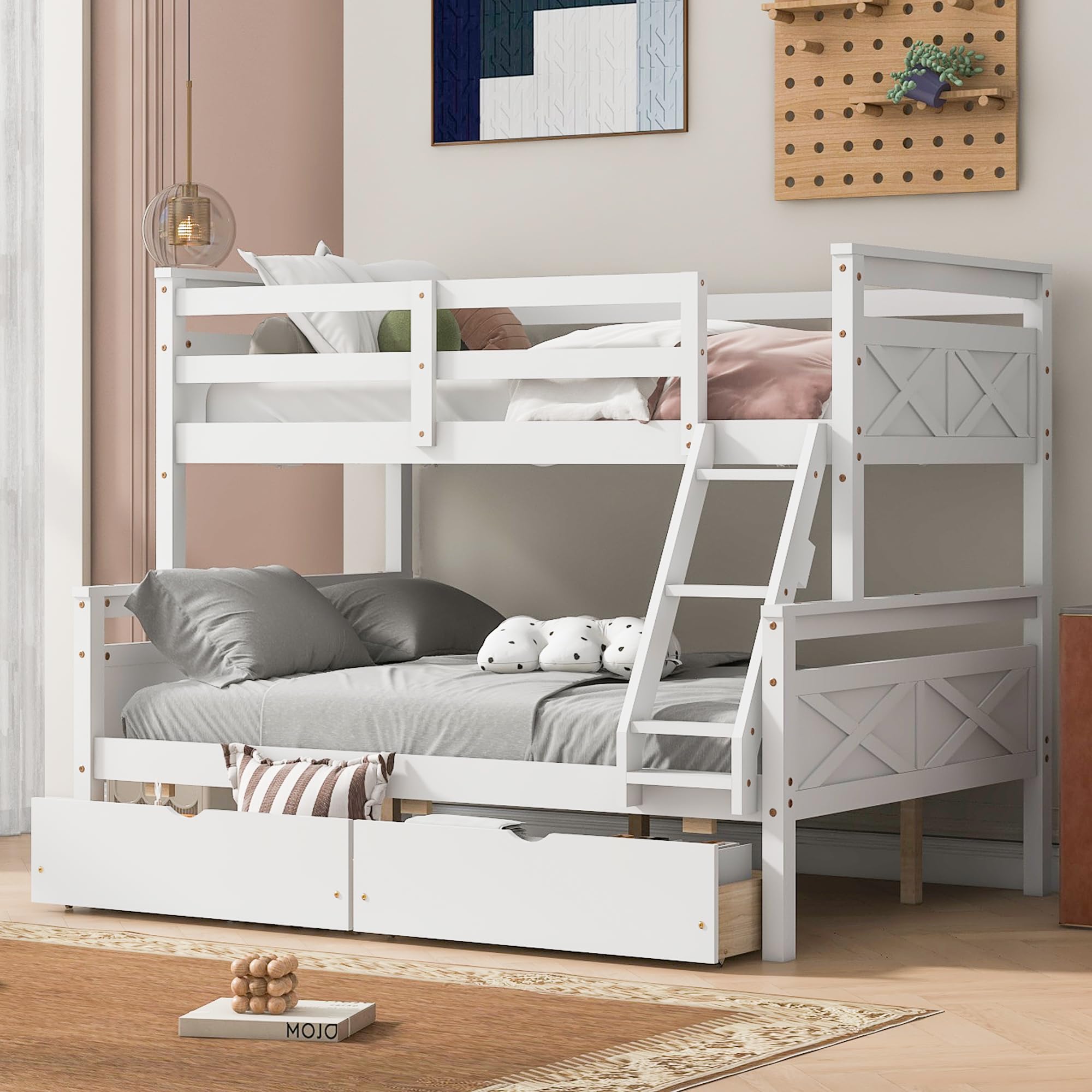 Merax Twin Over Full Bunk Bed, Kids Bedroom White Wooden Bunk Bed Frame, Convertible to 2 Separated Beds with 2 Big Drawers, Ladder & Guardrail for