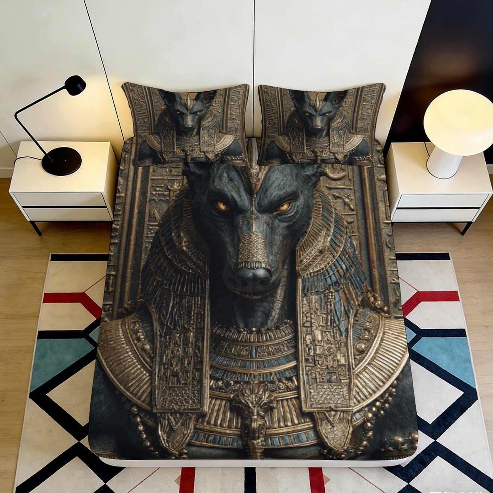 Uxinyoume Style-10 3D Printed Anubis Statue Fitted Sheet Microfiber Black Gold Egyptian Bed Cover For Bedroom Dorm Mattress Protection Decor 90X200x25cm