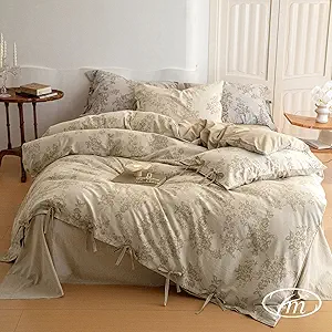 VM VOUGEMARKET Garden Floral Duvet Cover Queen,3 Pcs Yarn-Dyed Jacquard Textured Duvet Cover with Bowknot Retro Monet Style Bedding Set-90"x90",Khaki