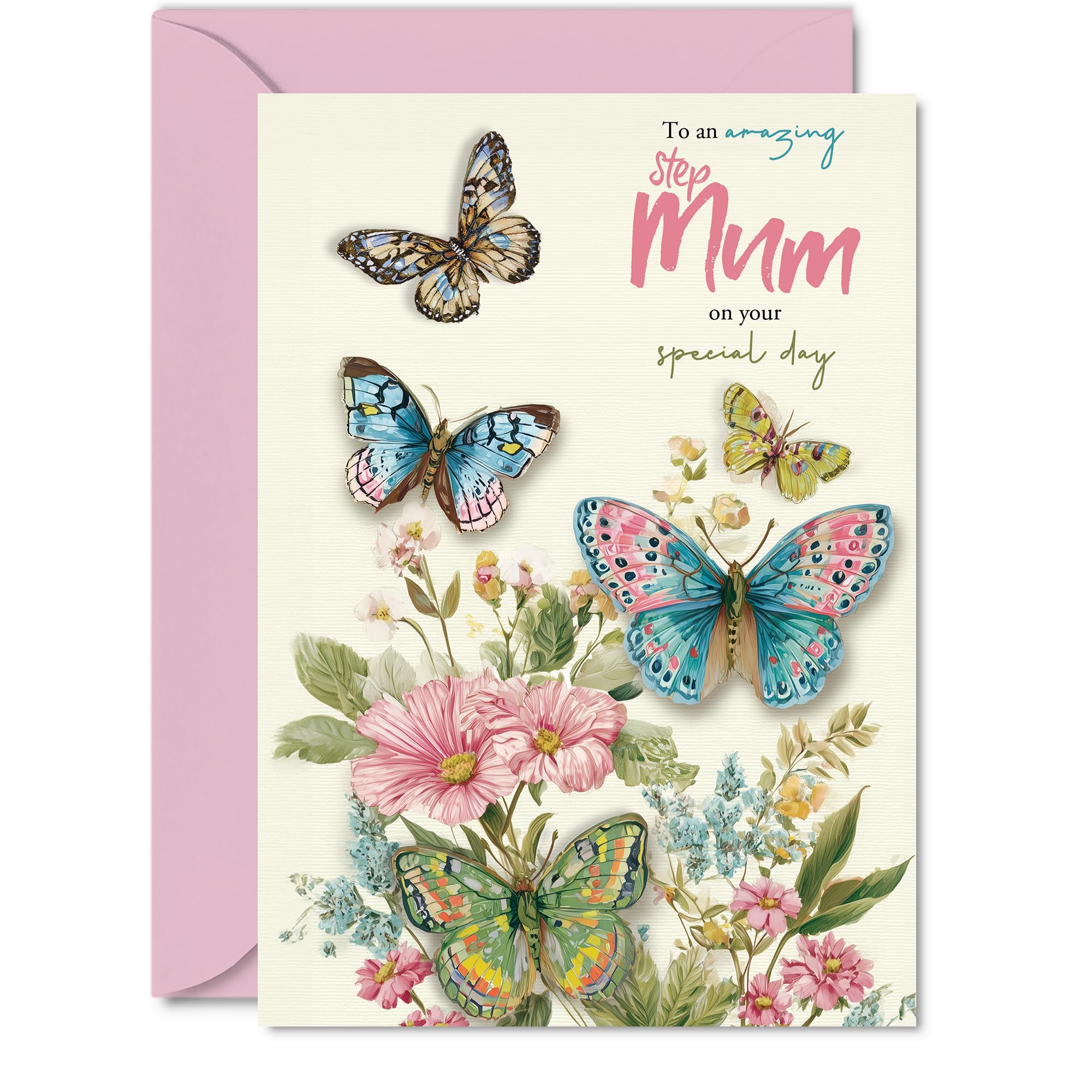 Step Mum Birthday Card - Beautiful Butterflies - Happy Birthday Card for Step Mum from Son Daughter, 5x7 Inch Elegant Pastel Butterfly Mother's Day Greeting Cards