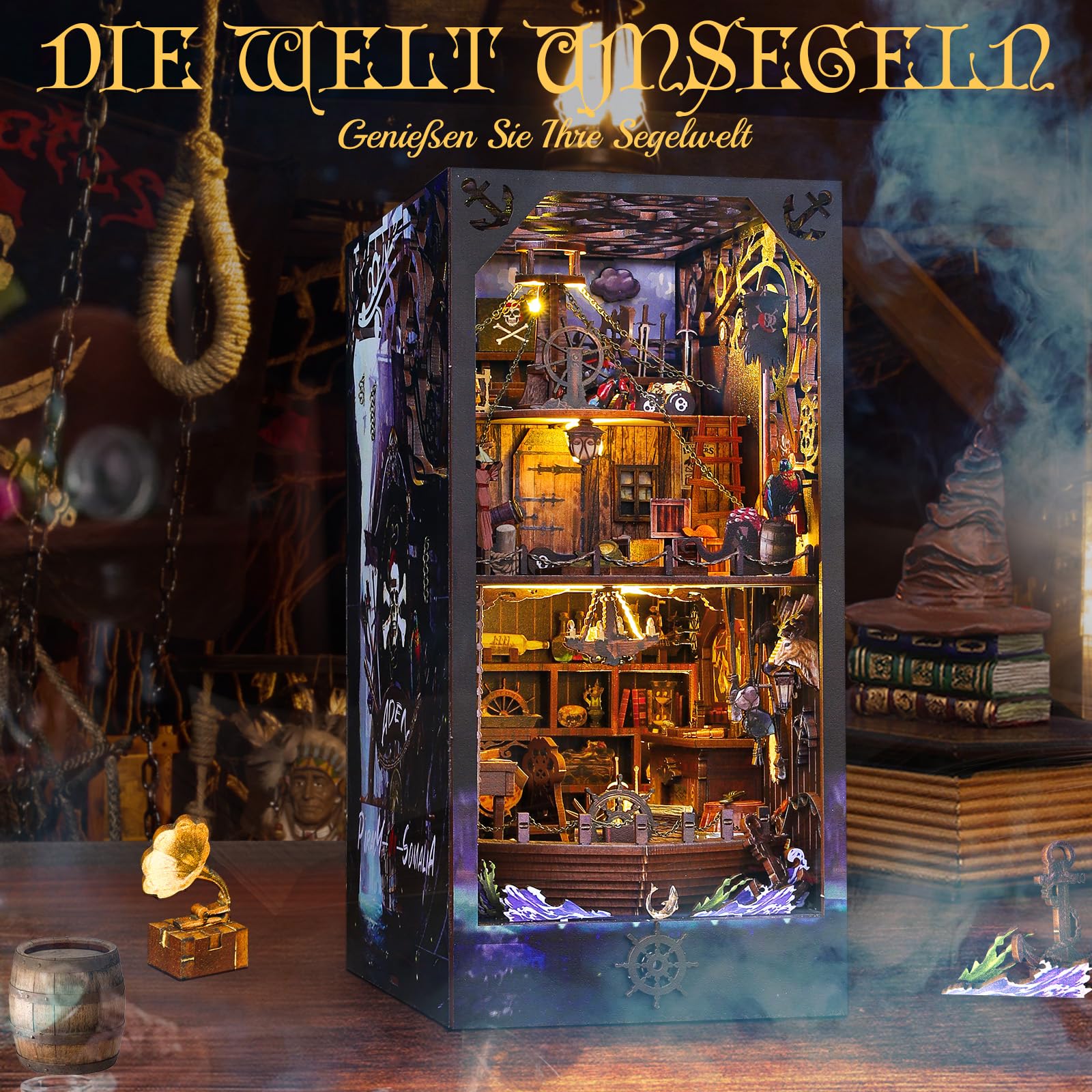 BuzzoXerex DIY Book Nook, DIY Casa in Miniatura Fermalibri in Legno 3D con Copertura Antipolvere, Luce LED Manuale per Arredare le Librerie e fare Regali Creativi (Aden)