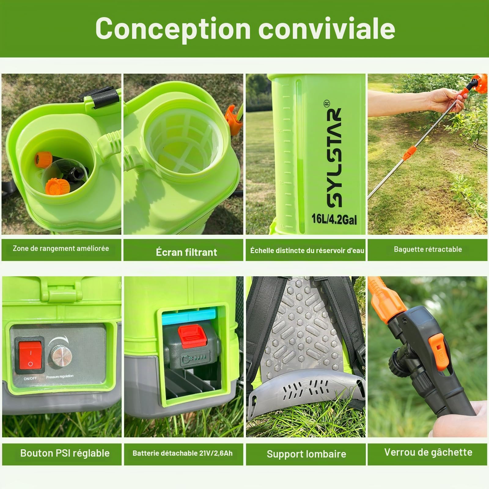 SYLSTAR Pulverisateur Electrique 16L, 7Bar Puissant Pulvérisateur de Jardin Compatible avec Makita 18V Batteries, 5 Buses Pulvérisateur à Dos, Vitesse Réglable pour Pelouse Cour(Chargeur Inclus)