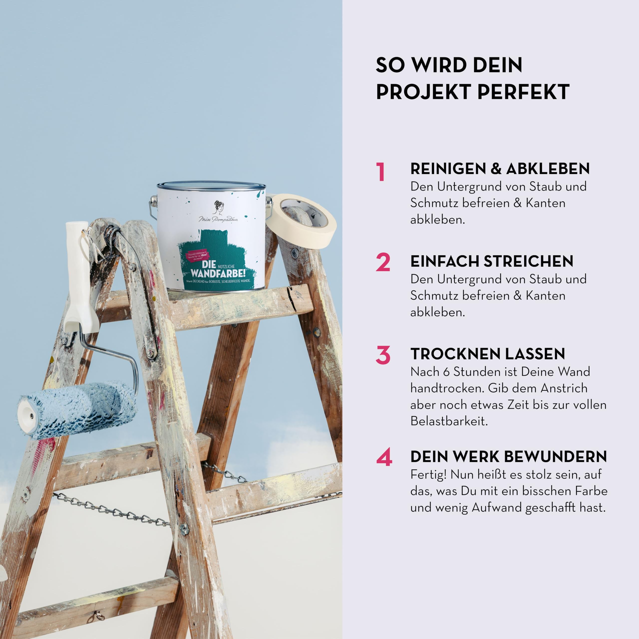 MissPompadour abwaschbare Wandfarbe Grün mit Salbei 2,5L - hohe Deckkraft & Ergiebigkeit - matte, scheuerbeständige Innenfarbe - geruchsarm, wasserbasiert, atmungsaktiv - Die Nützliche