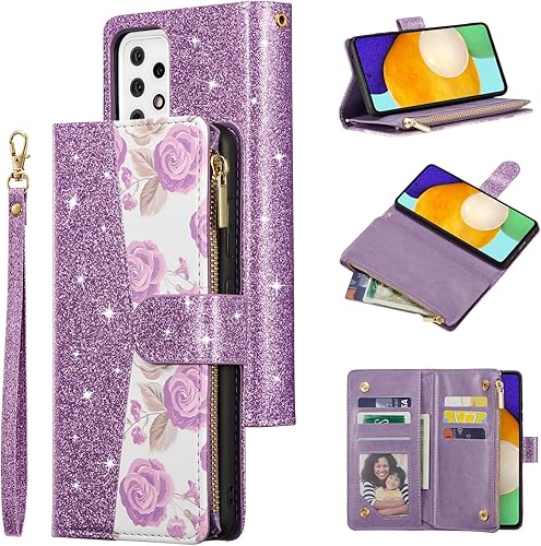 UEEBAI Funda tipo cartera para Samsung Galaxy A53 5G, bolso magnético de cuero PU con purpurina Estuche de bolsillo con cremallera Soporte para