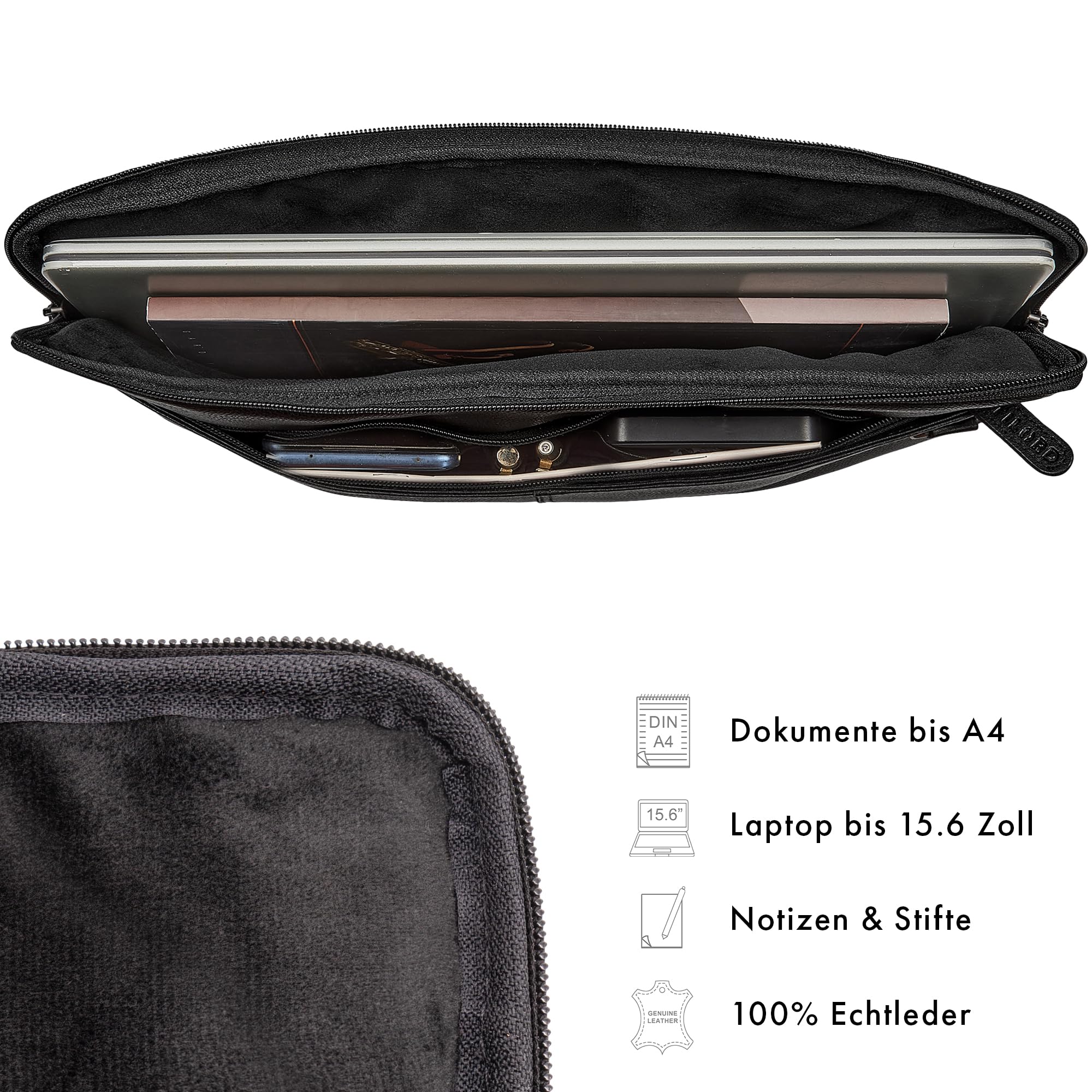 STILORD "Graham Vintage Laptoptasche Leder Schwarz 15.6 Zoll Aktentasche Herren Damen Notebooktasche Echtleder Laptop Sleeve Schmale Umhängetasche mit Schultergurt