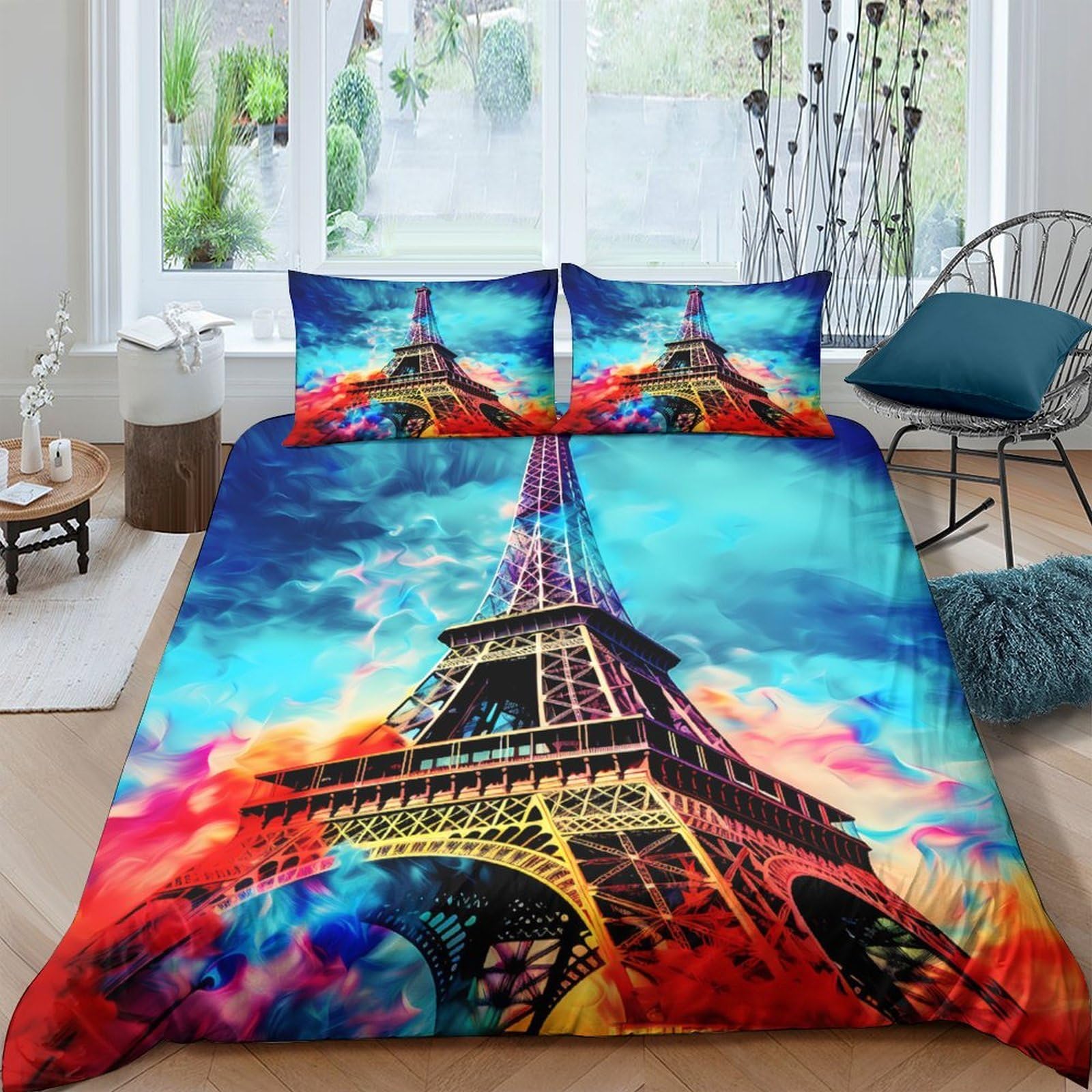 GPLZQXKJNH 3D Printed Eiffel Tower Duvet Cover Microfiber Colourful Paris Bedding Set with 2 Pillowcases for Bedroom Decor Single（135x200cm）