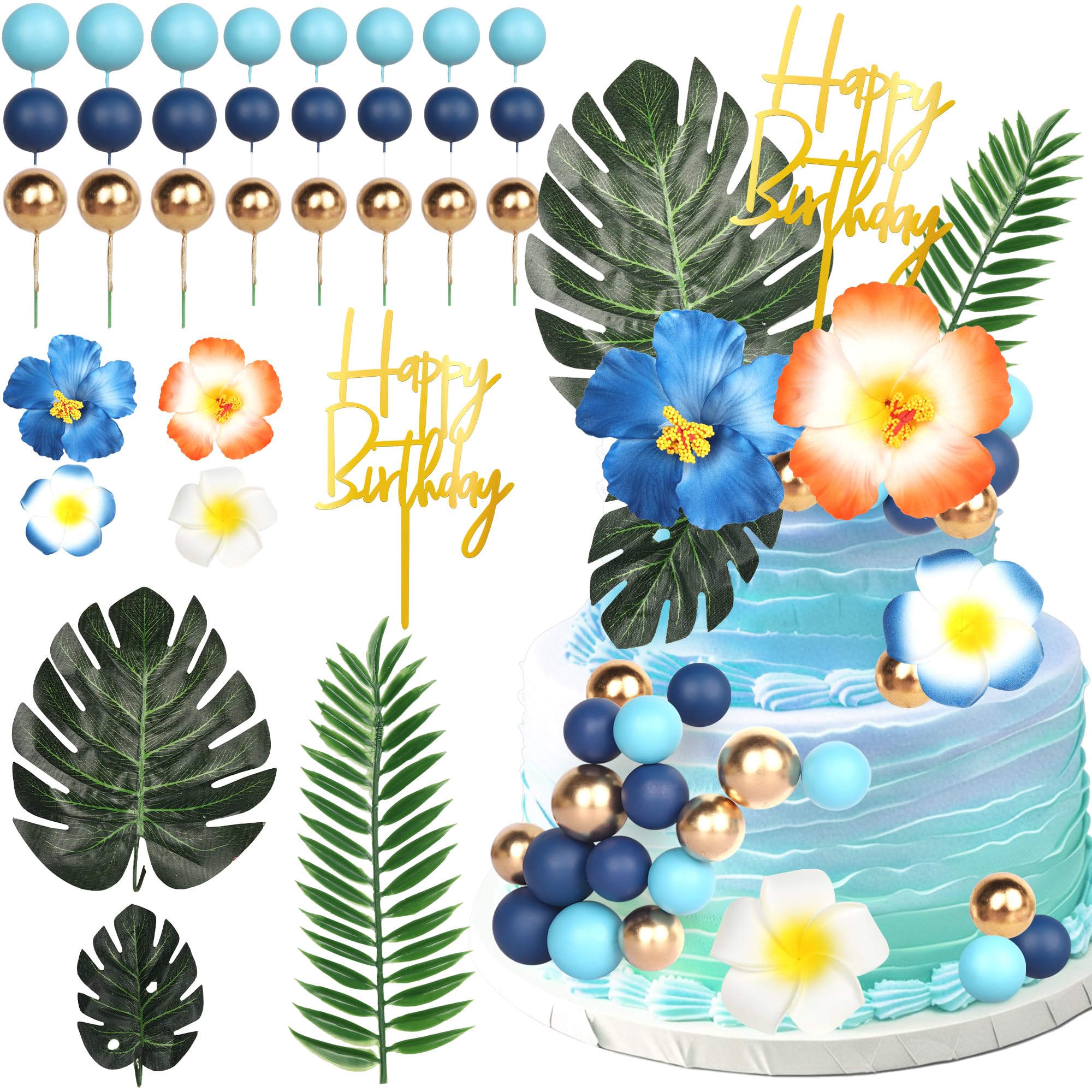 Xsstarmi Summer Hawaiian Flowers Cake Decorations with Acrylic Happy Birthday Palm Leaves Blue Hibiscus Floral Cake Picks for Aloha Tropical Theme Birthday Wedding Party Cake Decorations โ image 1
