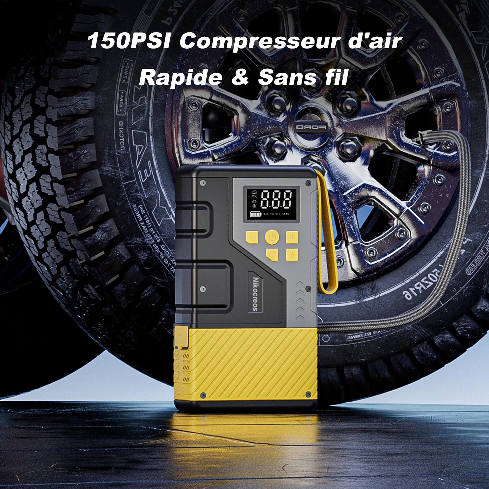 Démarreur de voiture portable avec compresseur d'air pour les situations d'urgence, pic de 3000 A et max 150 PSI, compatible avec les moteurs essence de 12 L et diesel de 10 L, lampe LED