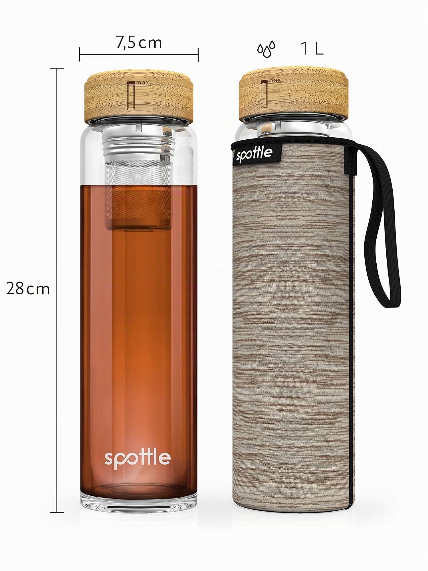 spottle Botella de Agua y Té Vidrio 1L con Infusor Acero Inoxidable | Borosilicato Doble Pared, Funda Neopreno, Apta Lavavajillas y Todo Tipo Bebidas