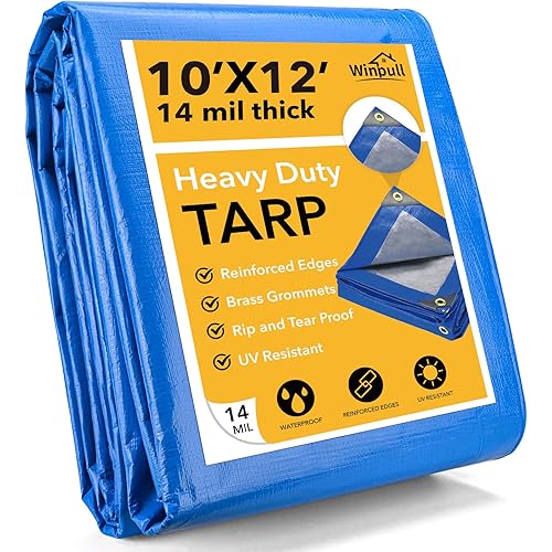 Tarp 10x12 Feet 14 Mil Heavy Duty Waterproof Tarp, Large Multipurpose Cover with Brass Grommets and Reinforced Edges, UV Resistant Thick Poly Tarps for Outdoor Camping Tent Pool Car, Blue