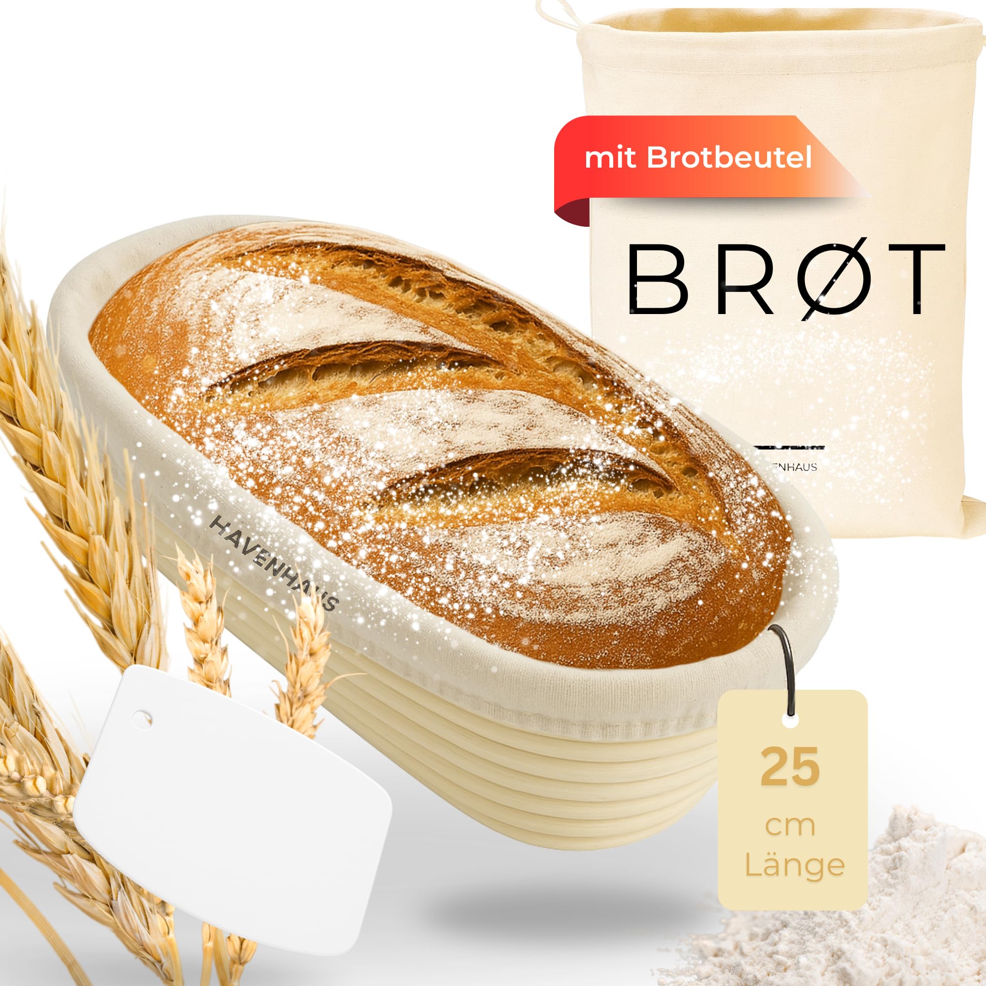 HAVENHAUS Gärkörbchen oval 25cm | Rattan Gärungskorb für 1kg Teig inkl. praktischem Zubehör | hochwertiger Gärkorb Brot aus Peddigrohr lebensmittelecht | Sauerteig Gärkorb Set | Brot backen Zubehör