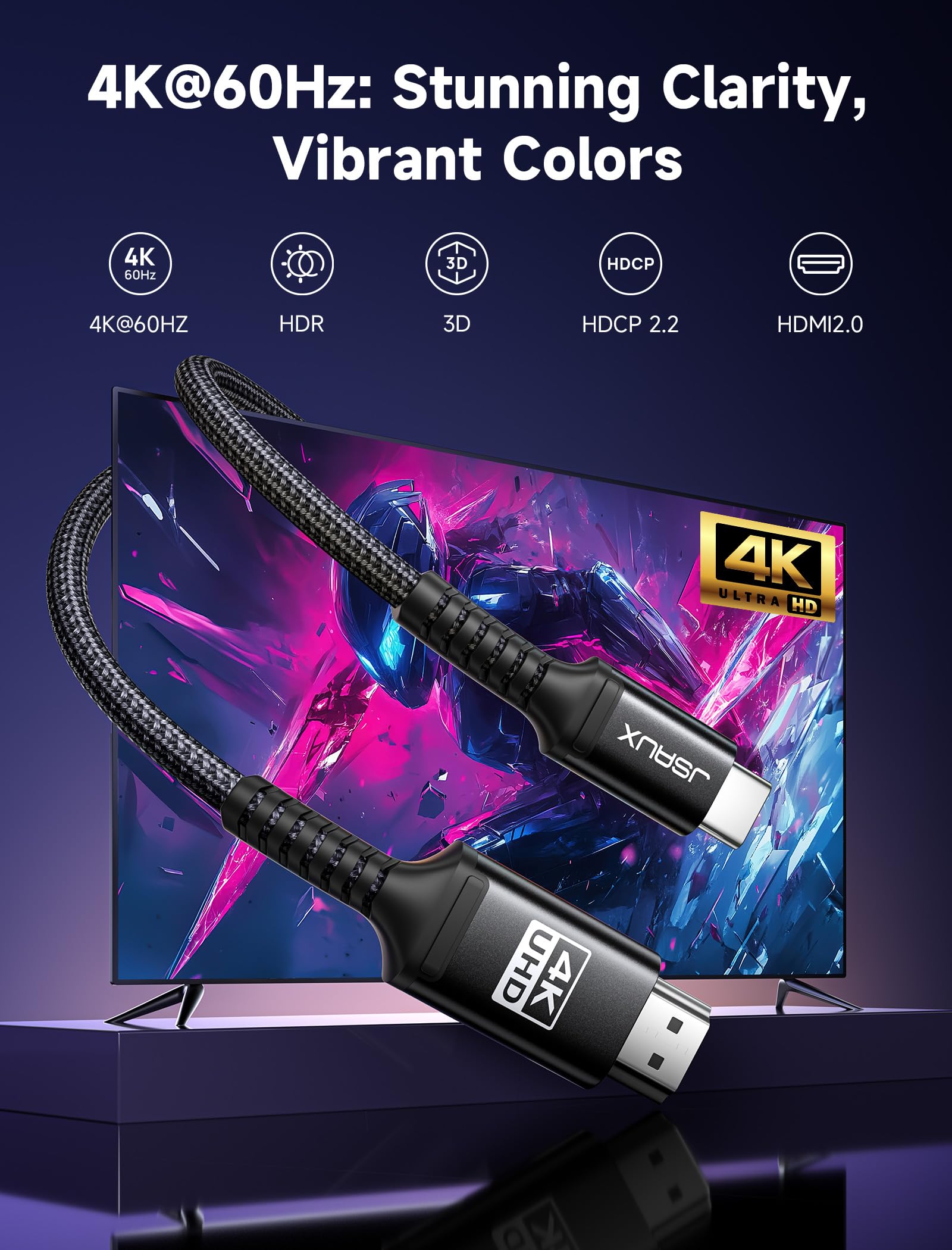 JSAUX Cavo USB C a HDMI 4K 60 Hz 2M, USB Tipo C a HDMI compatibile con 4K 30 Hz UHD, per Thunderbolt 3, iPhone 17 16 Pro 15, MacBook Pro Air 2018, iPad Pro, Galaxy S25 S24 S10 S9, Surface Book Nero