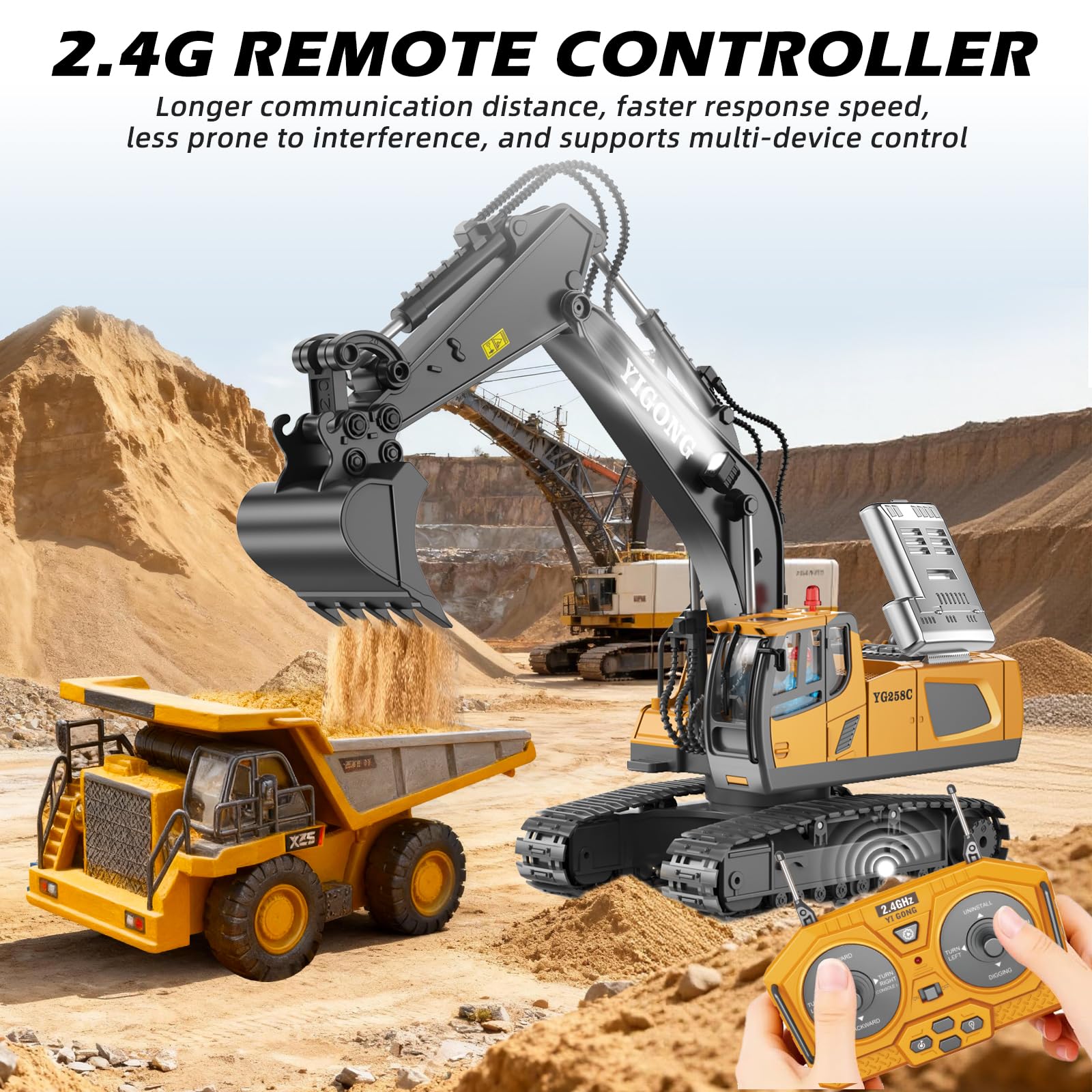 Remote Control Excavator Toy RC Play Excavator Construction Vehicles, 11CH 2.4Ghz RC Sand Digger with Metal Shovel & Light, Construction Truck Toys for Boys 3 4 5 6 7 8-12 Year Old Kids Birthday Gifts