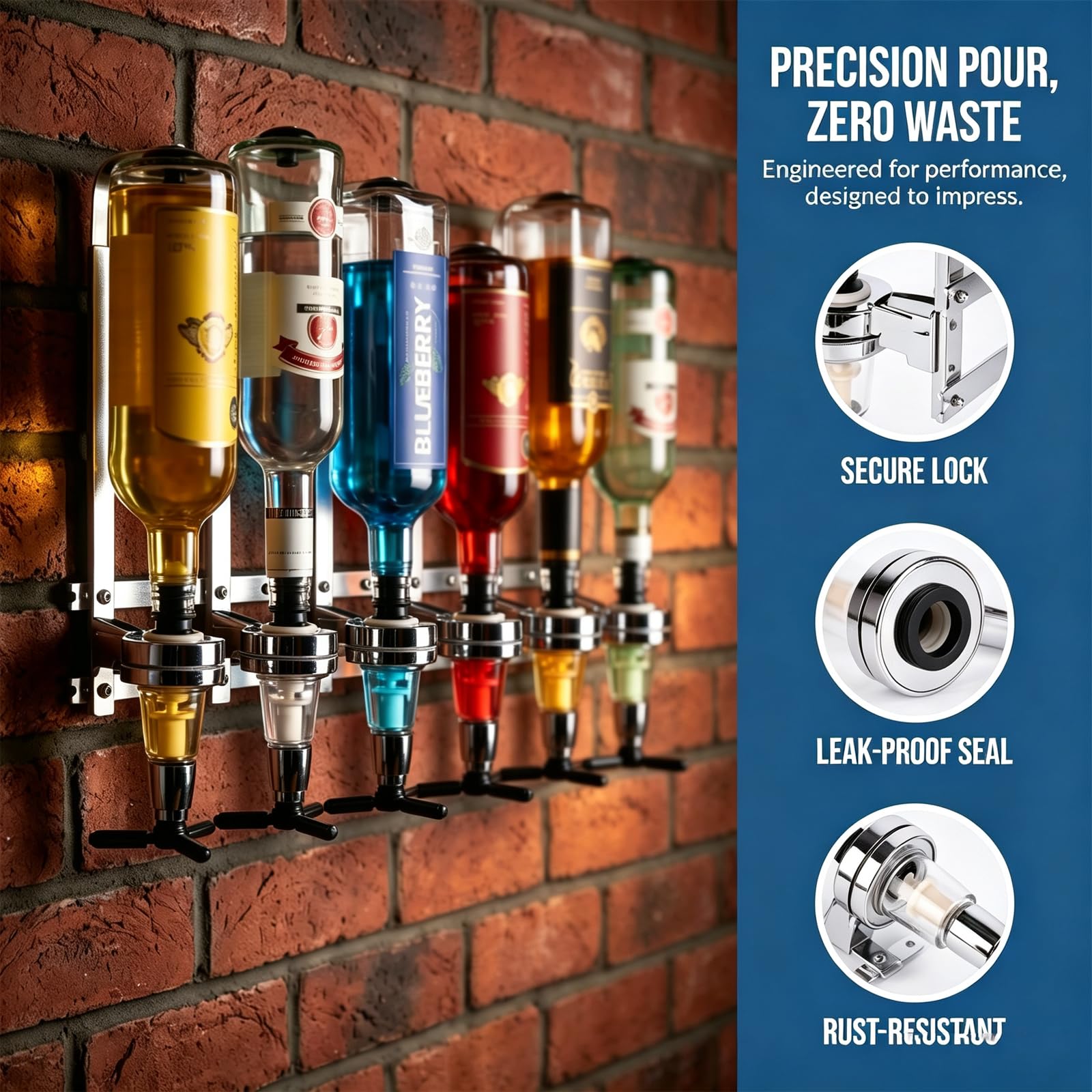 Dispensador De Licores Y Alcohol De Pared para 6 Botellas, Soporte De Bebidas De Acero Inoxidable, Ideal para Bares Y Fiestas En Casa. Apto para Vino, Cócteles, Bebidas Alcohólicas Y Zumos.