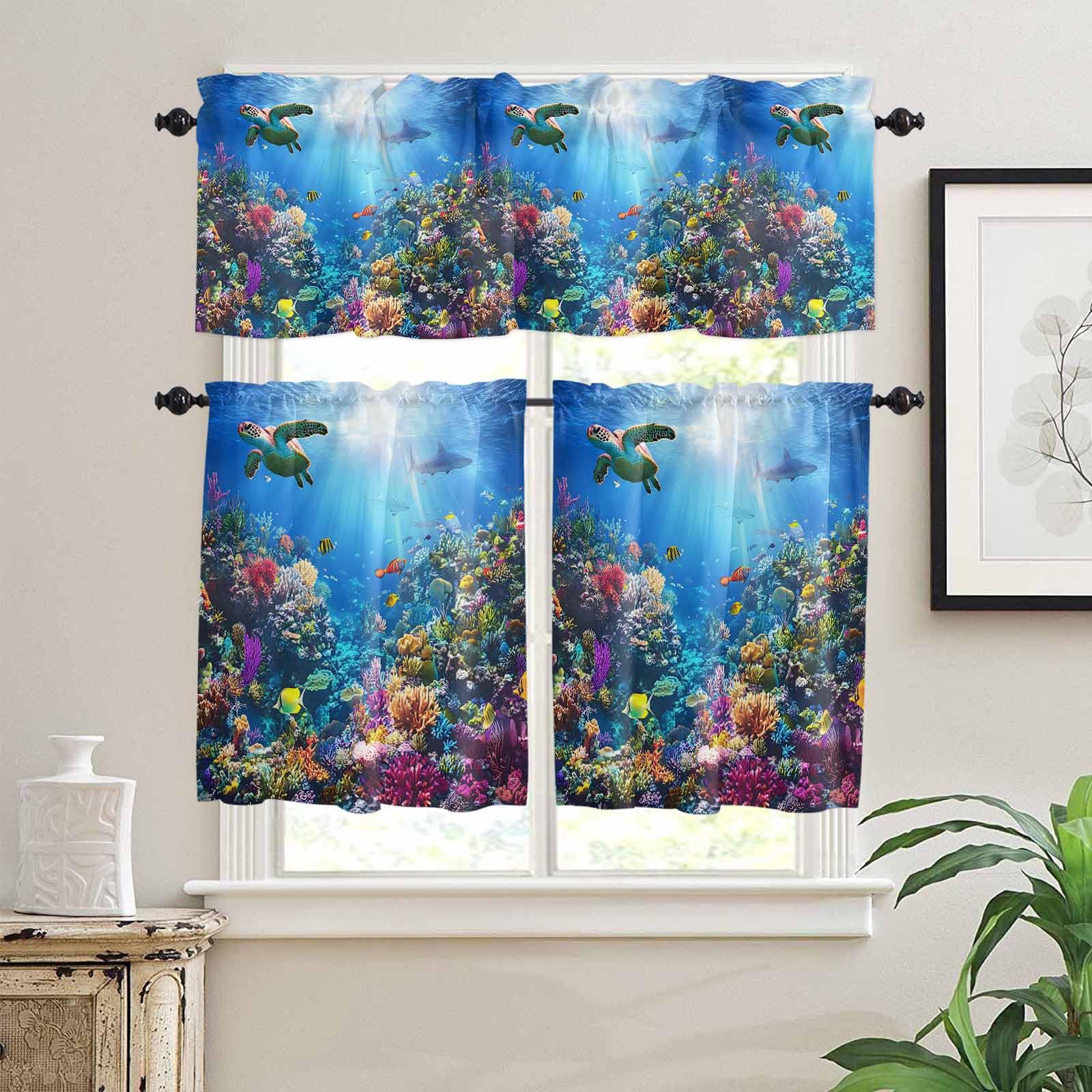 Turtle Blue Kitchen Curtains 36 Inch Length,3 Piece Rod Pocket Small Half Tiers and Valance Set,Ocean Coral Shark Fish Underwater Scenery Small Large Window Treatment Decor for Bedroom/Bathroom Sink