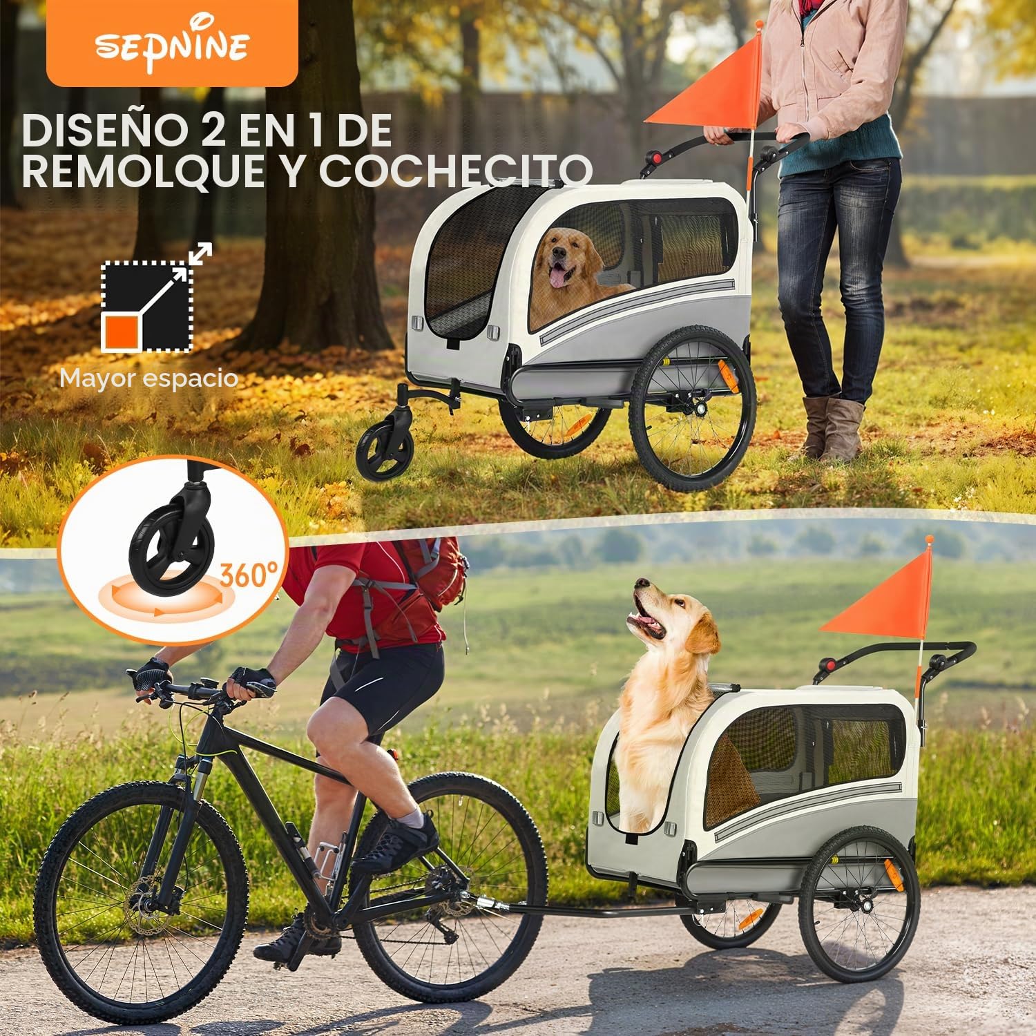 SEPNINE® Remolque de Bicicleta 2 en 1 XXL para Perros, con Apertura Superior, reflectores, Tiras Reflectantes, Barra Deslizante y Enganche Universal, Carga máxima 50 kg