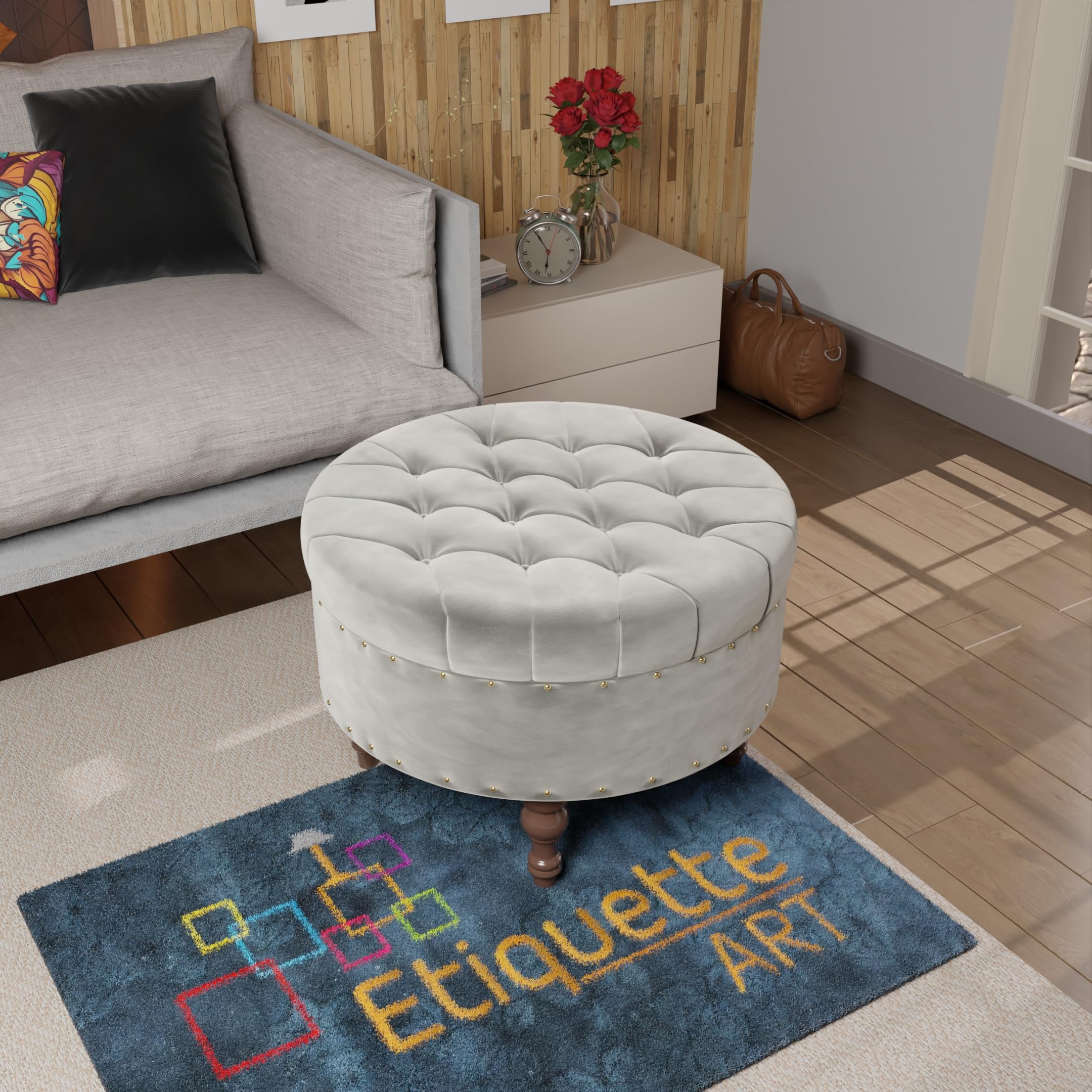 Modern Round Ottoman Footrest Stool for Living Room, Luxurious Button Tufted Coffee Table Ottoman with Solid Wood Legs, Upholstered Cocktail Footstool Center Table (Off-White)-image-26