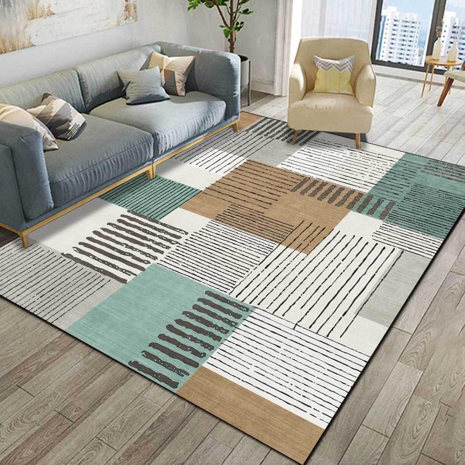 Tapis salon vert géométrique 90x150 doux lavable pour chambre cuisine