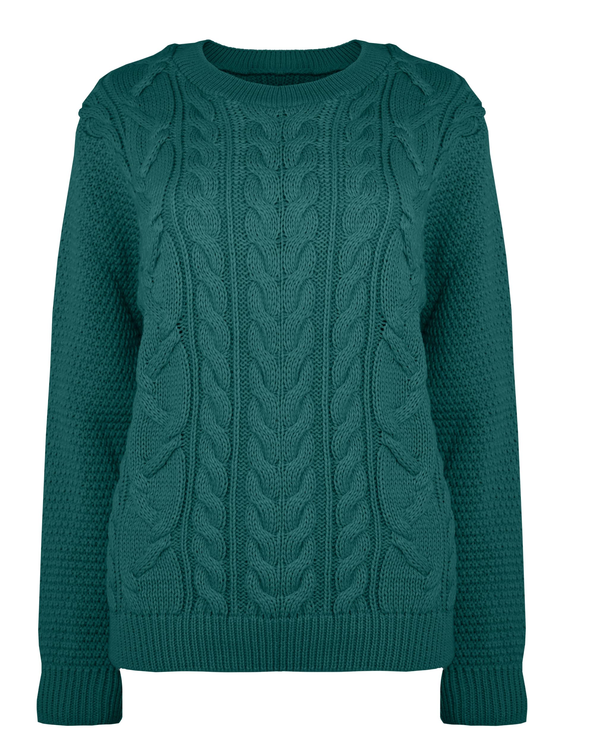 FARKZIQ New Women Ladies Knitted Cable Long Sleeve Warm Chunky Sweater Knitwear Jumper Tops Pullover Crew Neck[Bottle Green,LXL]