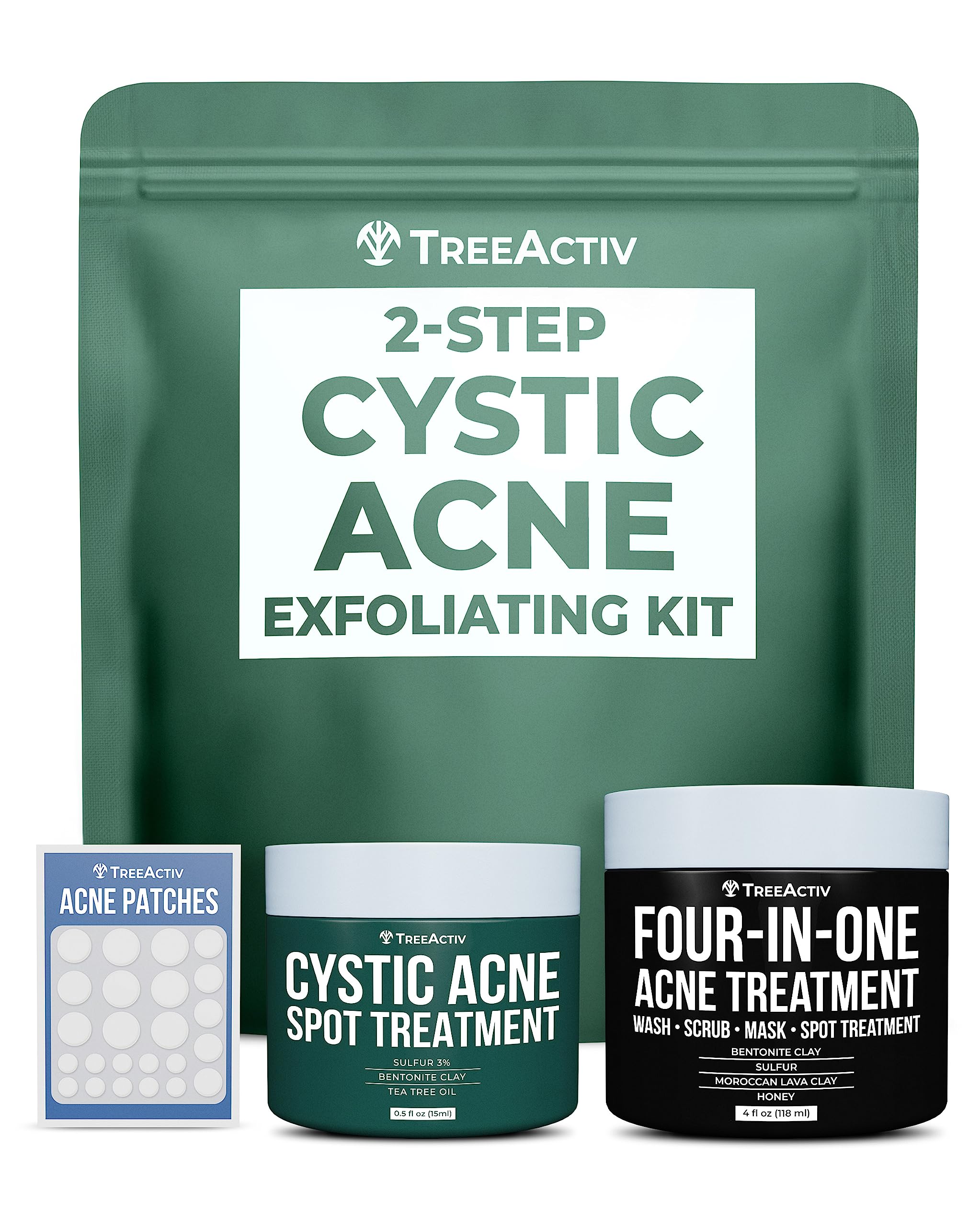 TreeActiv 2-Step Cystic Acne Exfoliating Treatment Kit, Cystic Acne Spot Treatment, 4-in-1 Acne Treatment Face Wash, Mask, Exfoliating Face Wash Scrub, Natural Face Scrub Exfoliating Face Wash, 60-Day