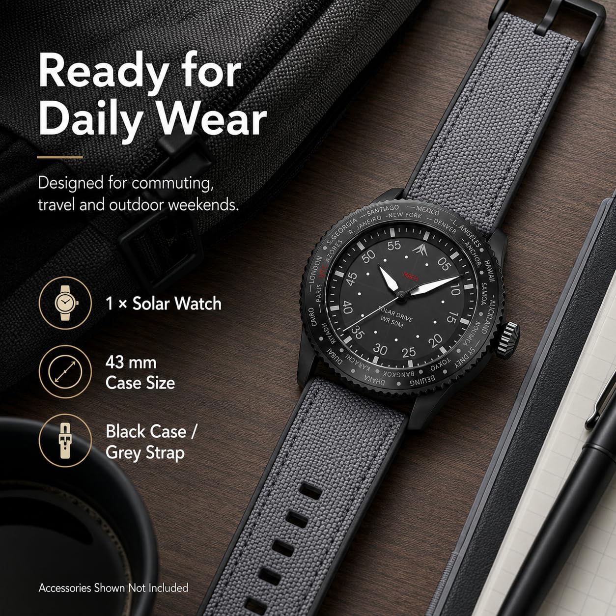 North Edge Mach Watch Pilot Watch Pily Powered For Men 50m Visión Nocturna de cronógrafo Que Dura hasta 180 días Solar