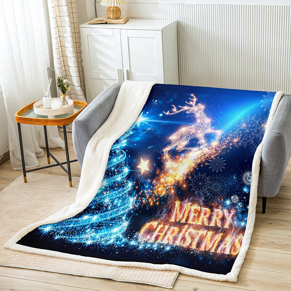 Loussiesd Christmas Sherpa Blanket Christmas Tree Deer CCCCCs and Throws Xmas Holiday Fleece Throw Blanket Lightweight for Bed Sofa King 87x94 Inch Blue — image 1