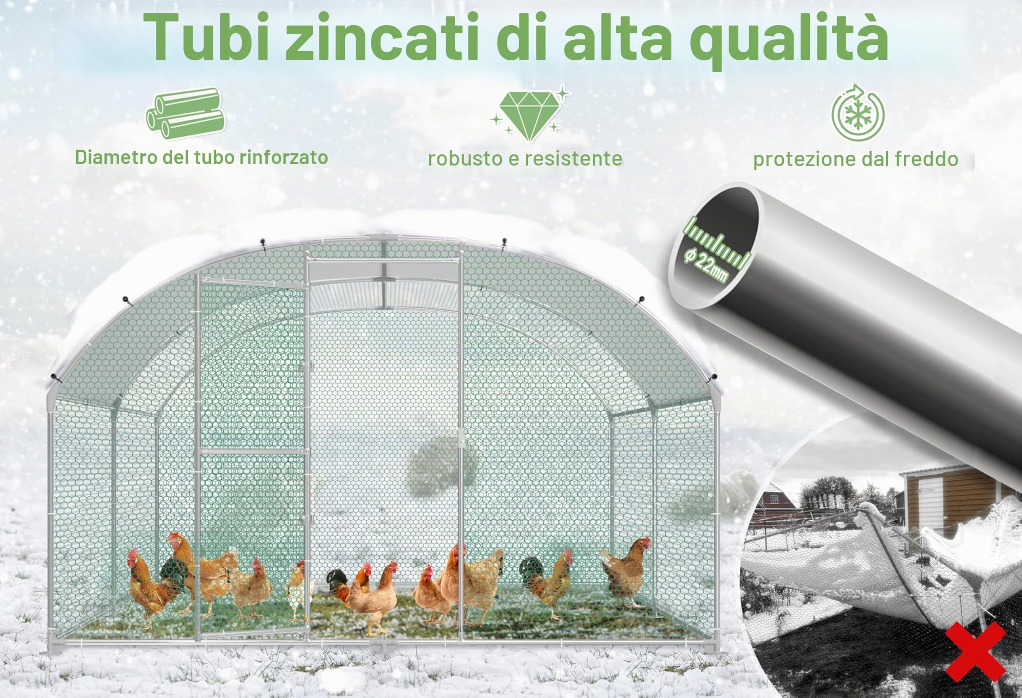 Gabbia per animali domestici con recinto per galline in metallo zincato 3x8 m, resistente all'inverno, con tetto protettivo dal sole e serratura, recinto per piccoli animali, pollame, piante