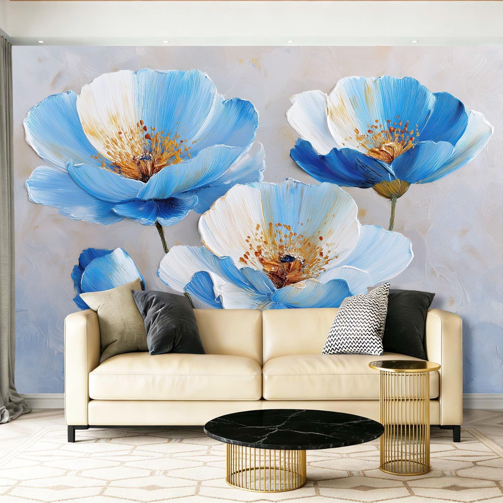 Papier peint intissé panoramique floral 300x210 cm bleu marine pour salon