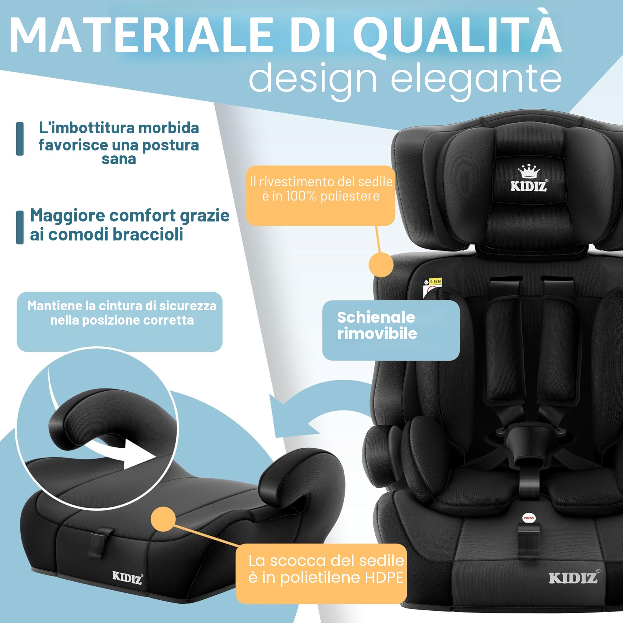 KIDIZ® Seggiolino auto i-Size R129, da 100 a 150 cm fino a 12 anni, gruppo 1/2/3, senza Isofix, seggiolino per bambini che cresce con il piede, cintura a 5 punti e poggiatesta regolabile in altezza