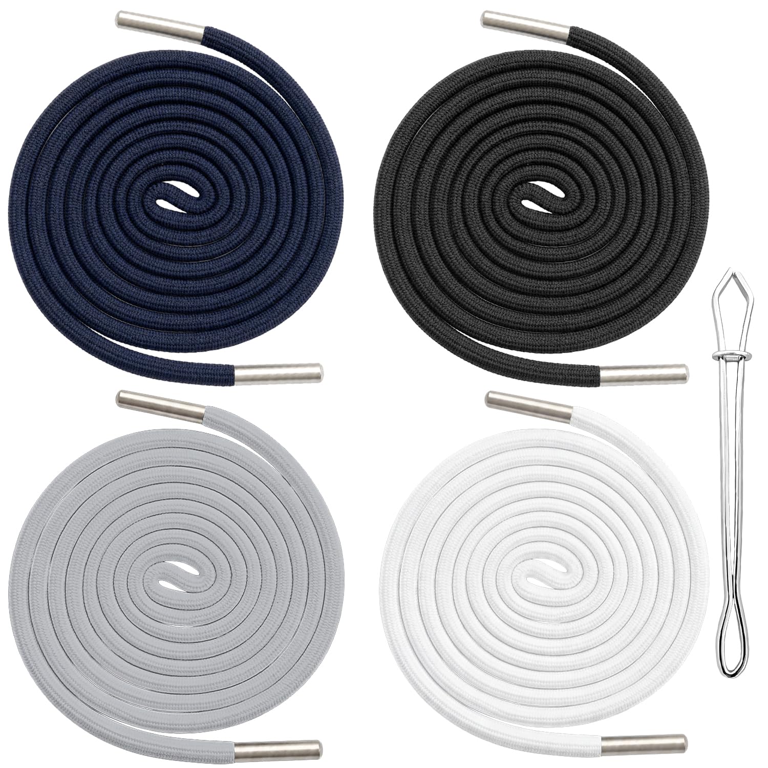 4 PCS 140cm Drawstring Replacement Kit with Needle for Hoodie Strings Elastic String Waistband Repair Toggles Alternative for Joggers Trousers Hoodies & Bags (White, Black, Grey, Navy Blue）