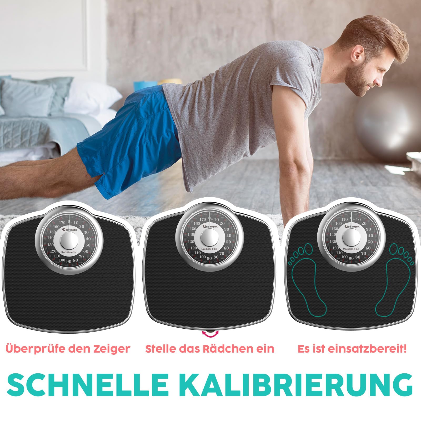 Adamson A25 Personenwaage – bis zu 180 kg – 5,3 Zoll Zifferblatt auf 31 x 30 cm großer Plattform – Rutschfeste Gummioberfläche – Hochpräzise analoge Personenwaage – 20 Jahren Garantie - Silber