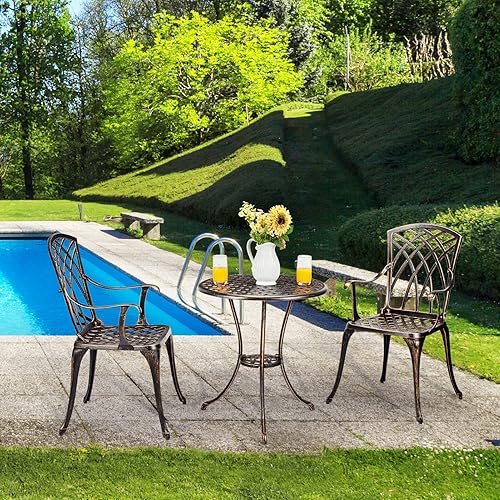 Miniatura 9 de IDEALHOUSE Juego de bistró de aluminio fundido para patio con agujero para paraguas, juego de 3 piezas para exteriores resistente al óxido, mesa y