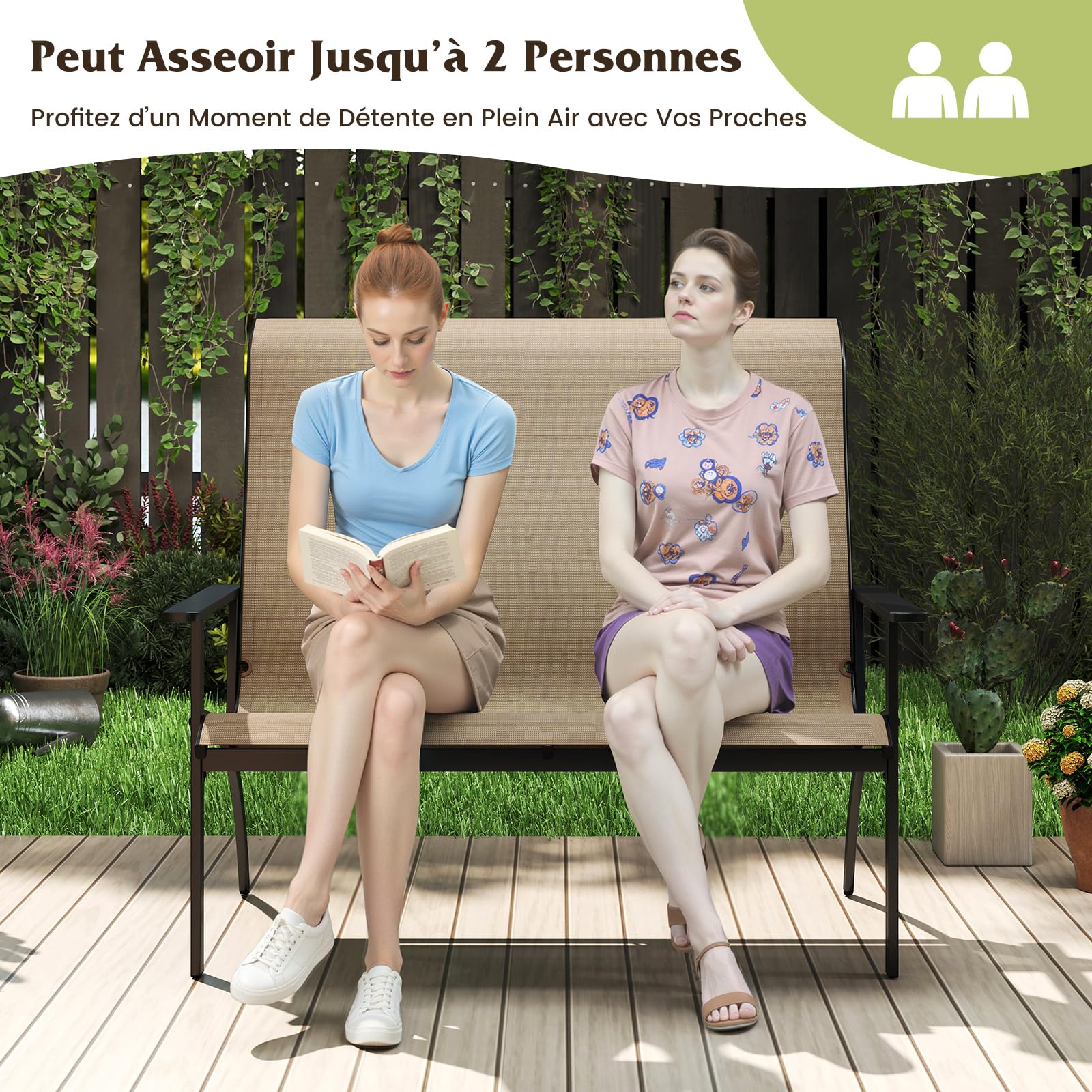 COSTWAY Banc Exterieur Jardin, Banc de Jardin à 2 Personnes, Charge 400 kg, Dossier Haut, Cadre en Métal, Banquette avec Accudoirs pour Terrasse Pelouse Porche, 120 x 81 x 106 cm, Café