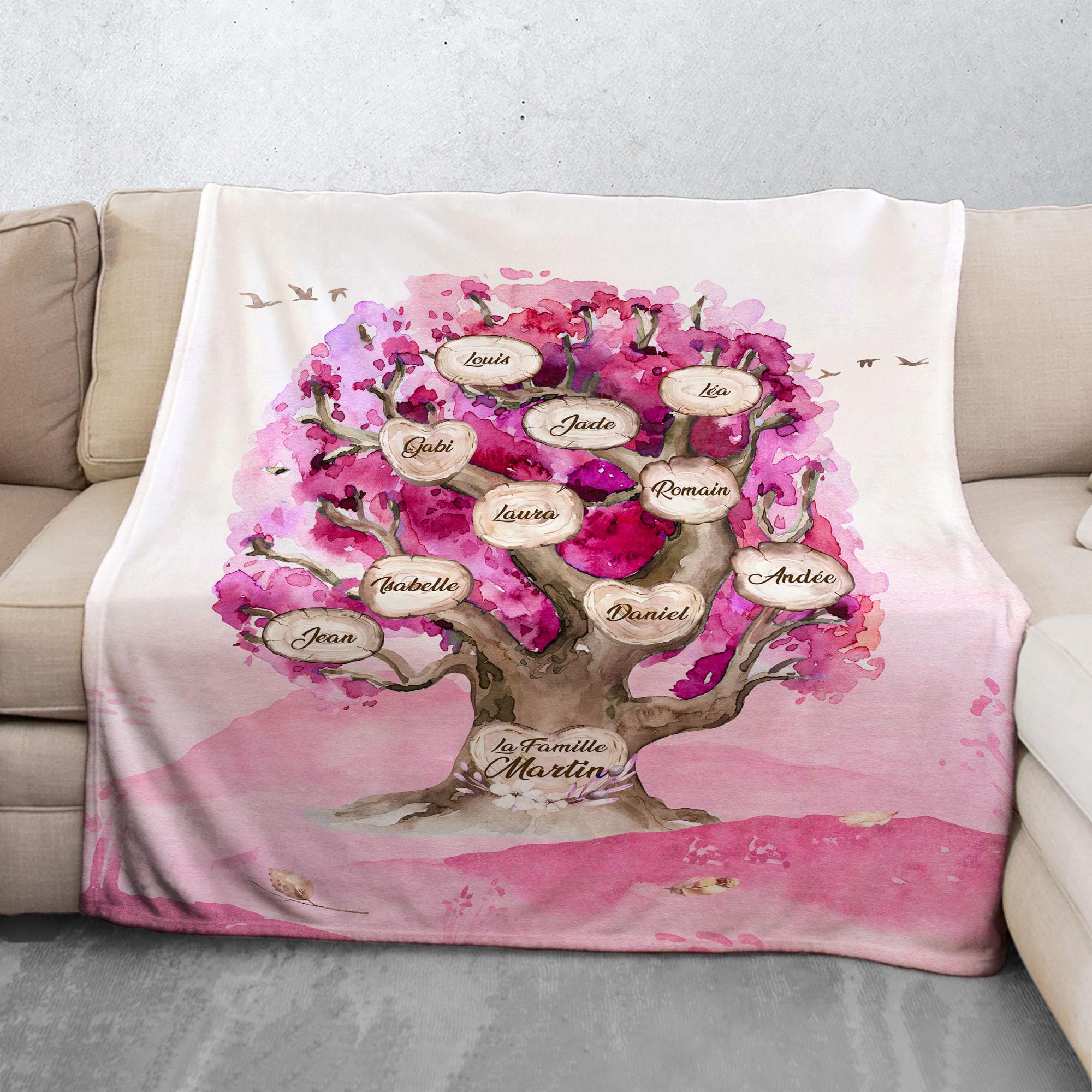 Manta personalizada Árbol de la vida Acuarela Familiar | Regalo Original Personalizado para mujer o hombre | Manta sofá de gran tamaño cocooning para cumpleaños | Objeto personalizado con nombre