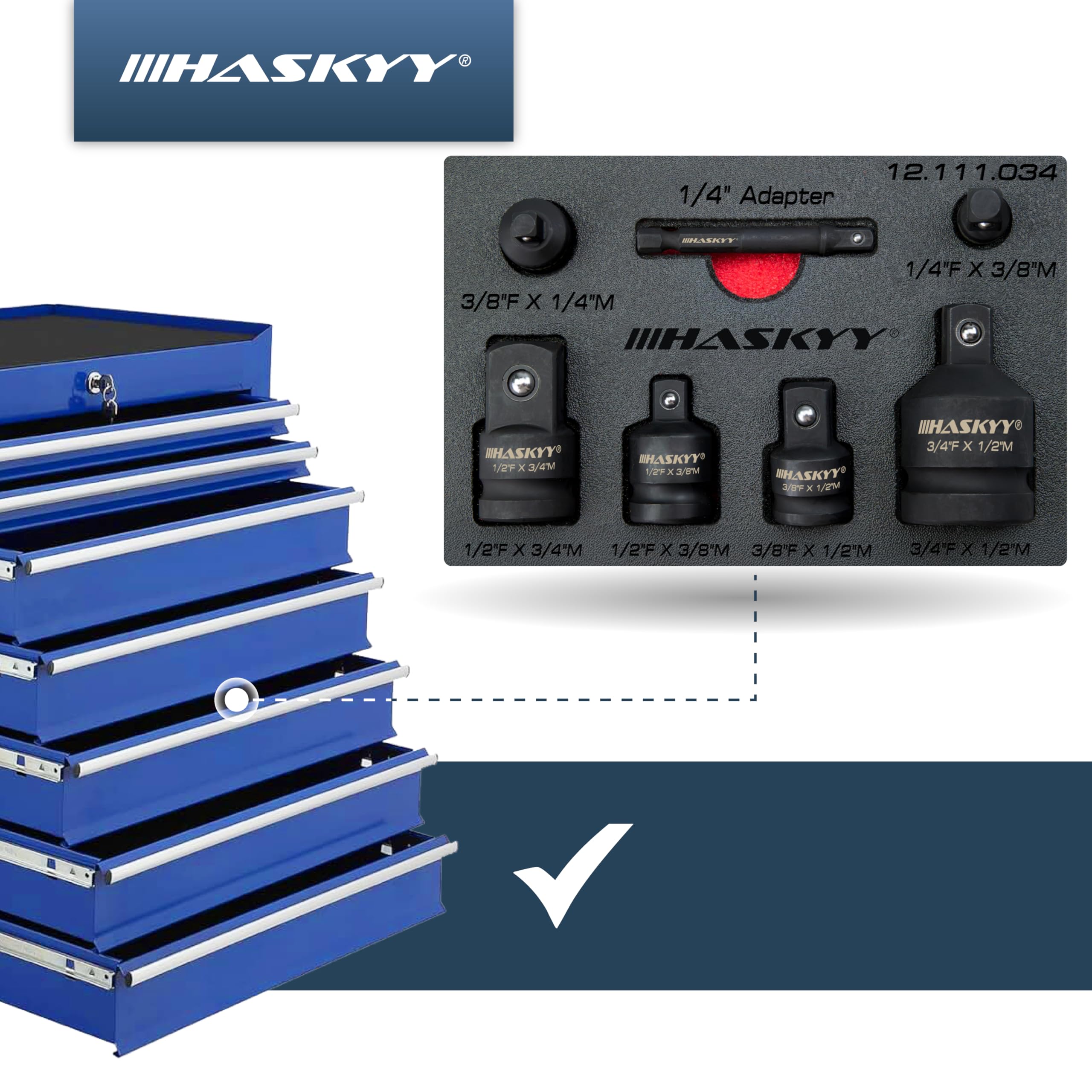 HASKYY Zestaw adapterów do wkrętarki udarowej 1/4" 3/8" 1/2" 3/4" do wkrętarki akumulatorowej, grzechotki i klucza dynamometrycznego – zestaw adapterów do kluczy nasadowych ze stali