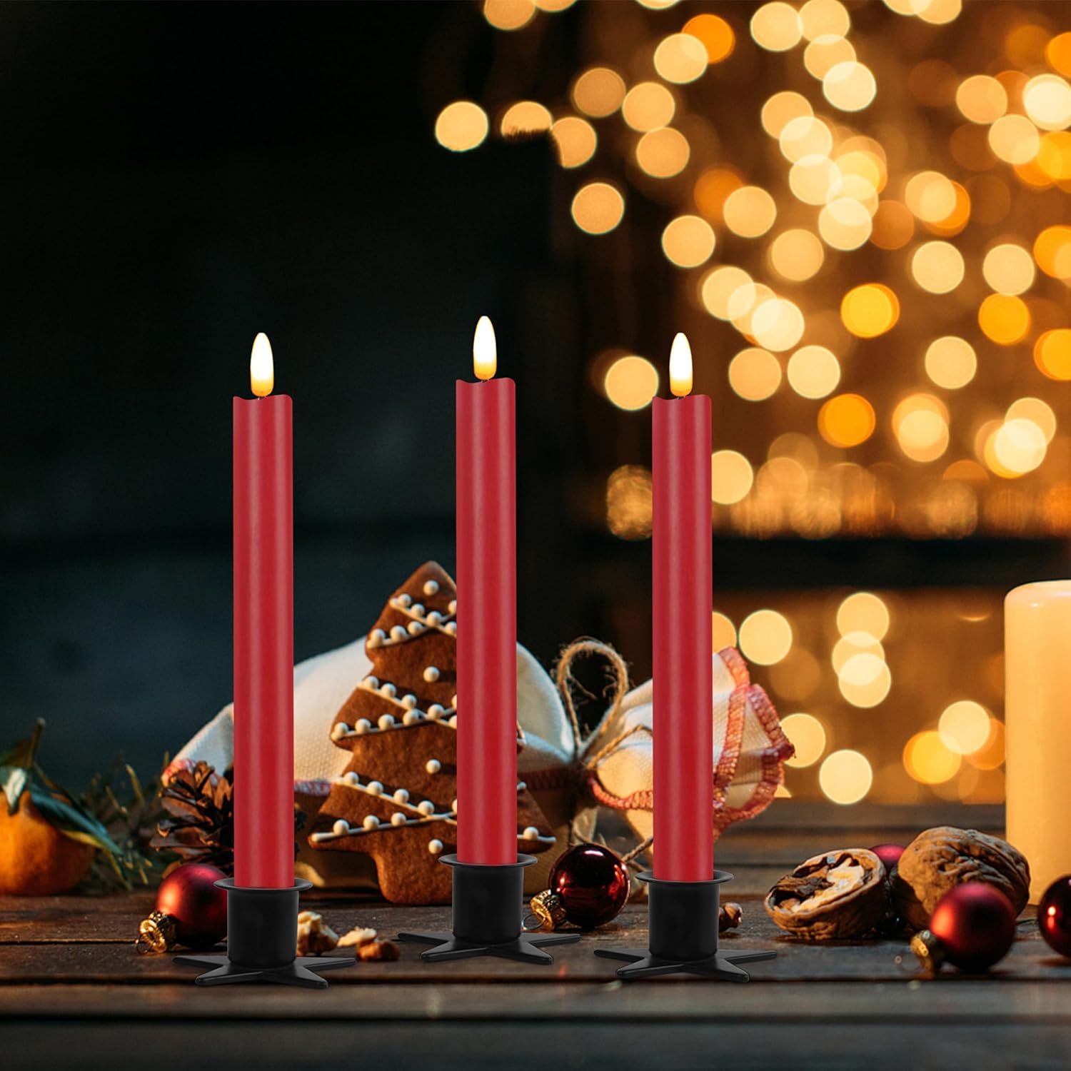 CVHOMEDECO. Real Wax Flameless Taper Candles with 10-Key Remote, Battery Operated Led Flickering 3D Wick Light Window Candles Home Christmas Party Decor 0.78 x 10 Inch, Pack of 3, Red