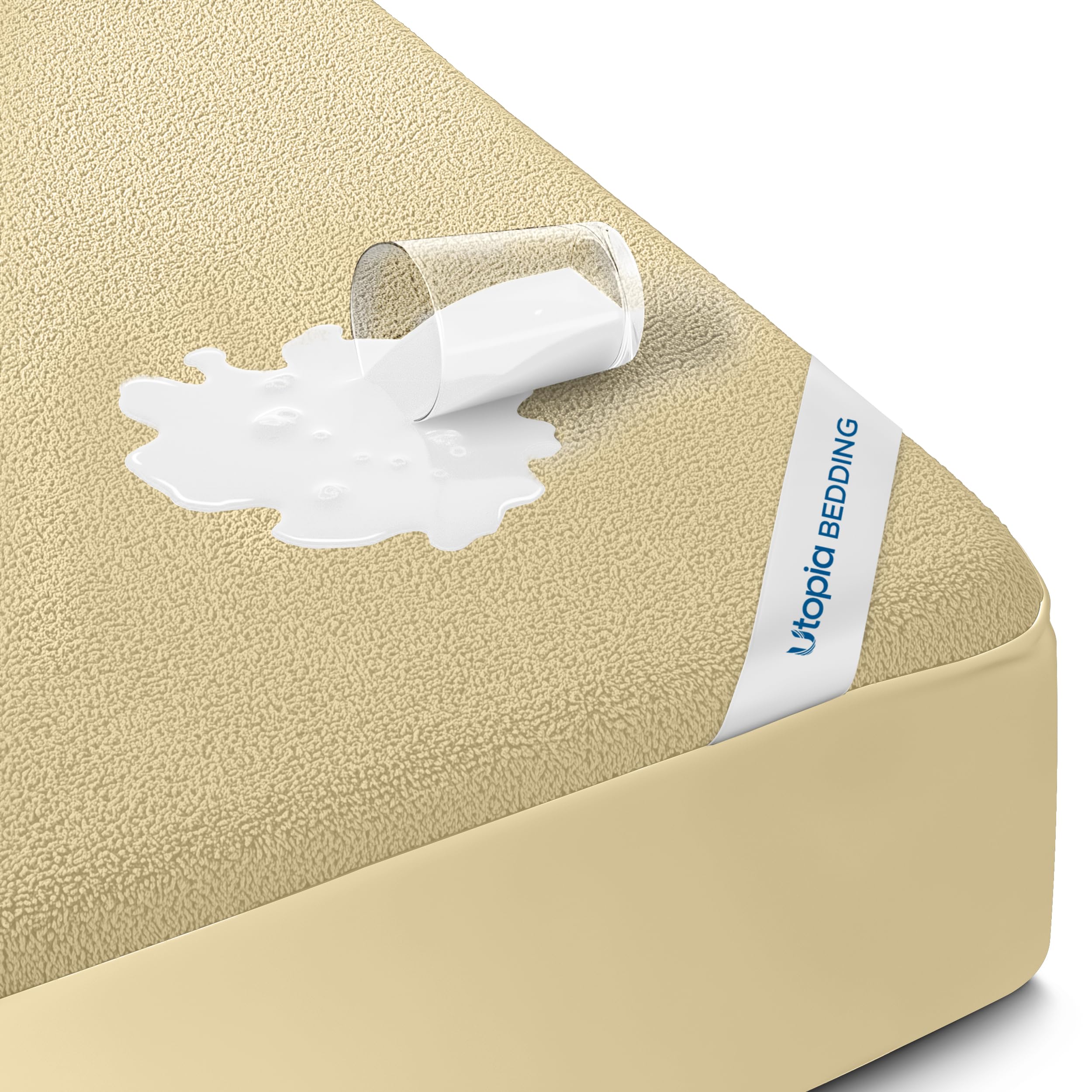Waterproof Full Size Mattress Protector fits Upto 15" Deep Pocket | Utopia Bedding 200 GSM Soft & Breathable Mattress Cover, Dirt-Proof, Noiseless, Machine Washable Fitted Sheet Style, Beige
