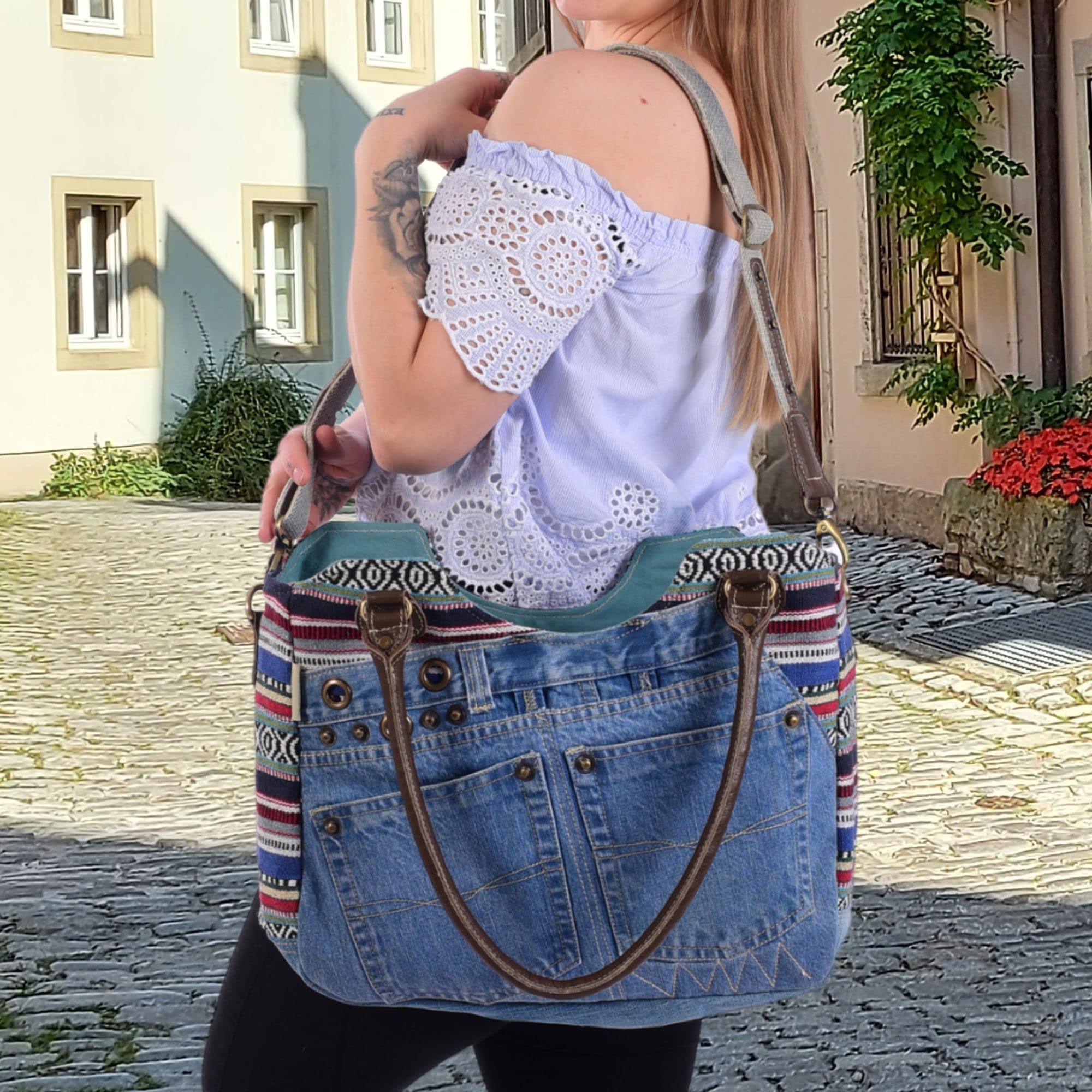 Sunsa Damen Nachhaltige Handtasche aus recycelte Jeans Canvas & Leder. Vintage Still große Schultertasche. Extra Crossover Henkel kann als Umhängetasche benutzen. A4 geeignet