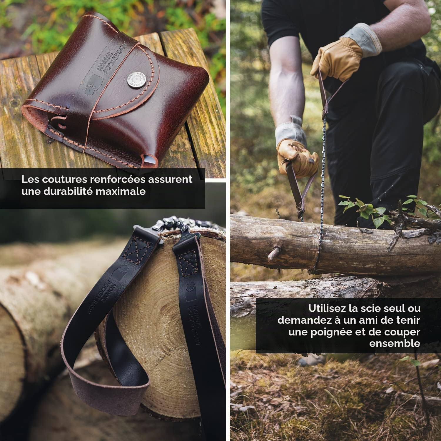 Nordic Pocket Saw Scie à Main - Tronçonneuse Portable - Scie Manuelle Chaîne 65 cm - Fil à Scier Premium - Avec Poignées et Etui en Cuir - Chaîne Portable - Outil de Survie Camping Randonnées