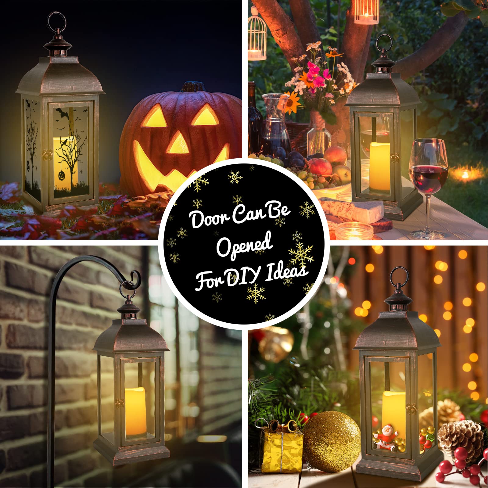 Decorative Lantern with Timer - 16''H Large Size Lamp Outdoor and Indoor Hanging, Flameless Candle Lanterns for Patio Wedding Party, Unique Eaves Design Waterproof (Bronze Paint)