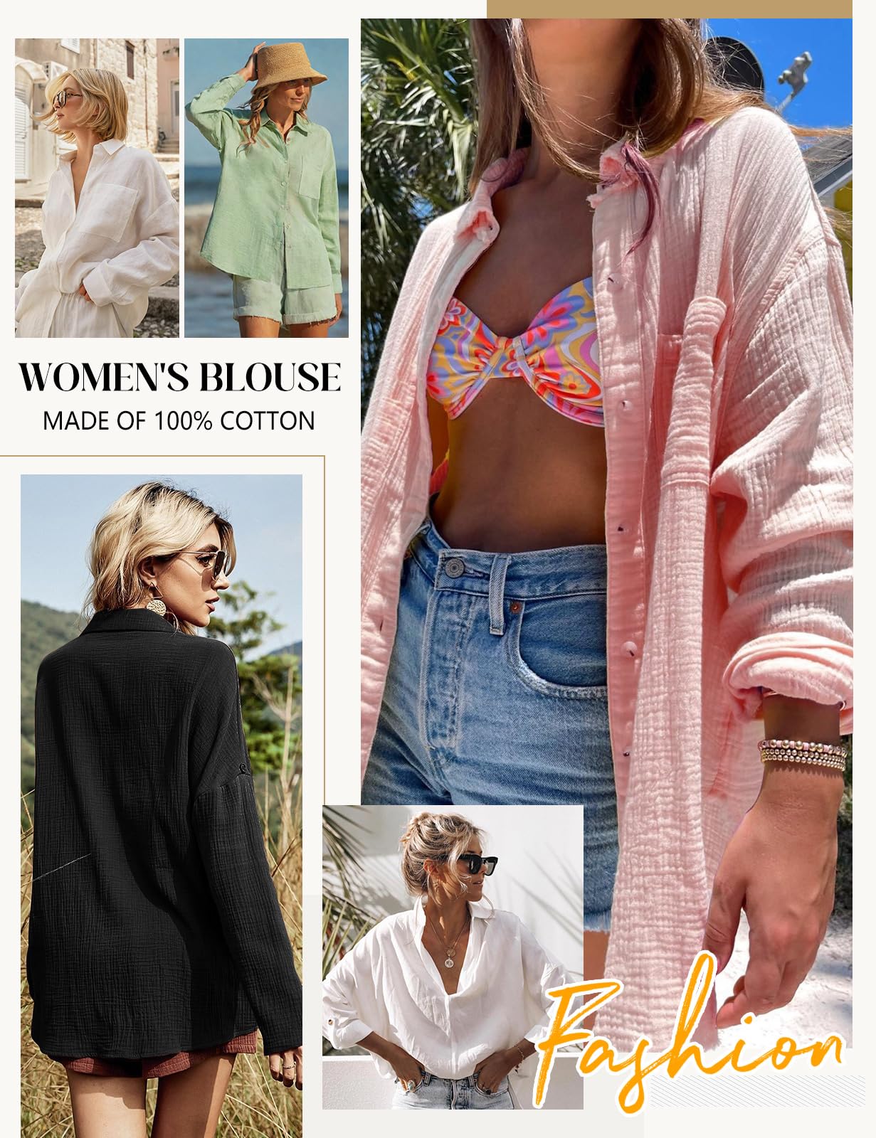 Xnova Chemisier Oversize Femme à Manches Longues, Décontractée Coton Blouse Top avec Poche, T-Shirt Col en V Chic et Élégant Chemise Ample à Boutons