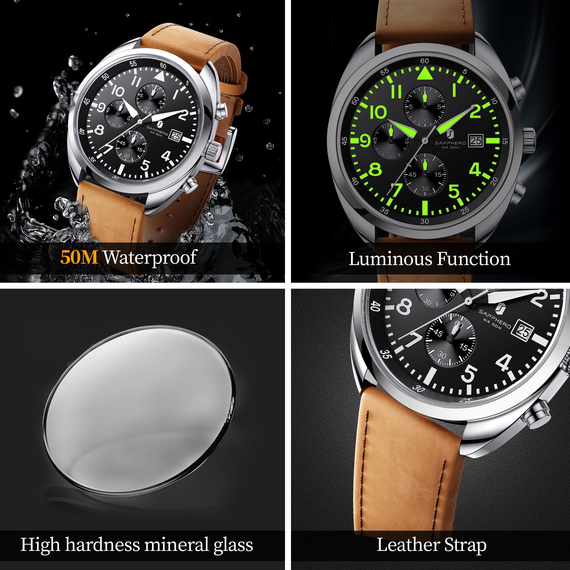 SAPPHERO Orologio da uomo orologio al quarzo analogico con cinturino in pelle, classico orologio da uomo business, quadrante con numeri arabi, facile da leggere | Impermeabile fino a 30 m, design con data, sportivo, casual, business, elegante, regalo per