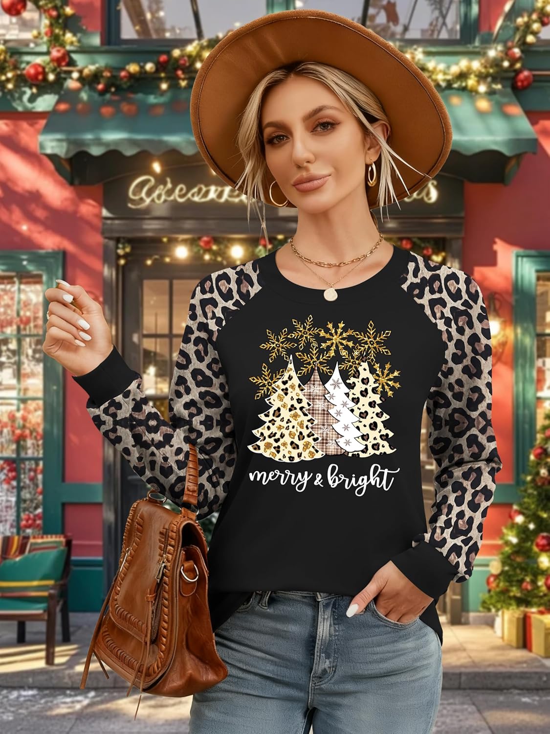 Christmas Shirts for Women Merry and Bright Shirt Christmas Tree Plaid Leopard T-Shirt Raglan Shirt Xmas Holiday Tee Top - Image 6