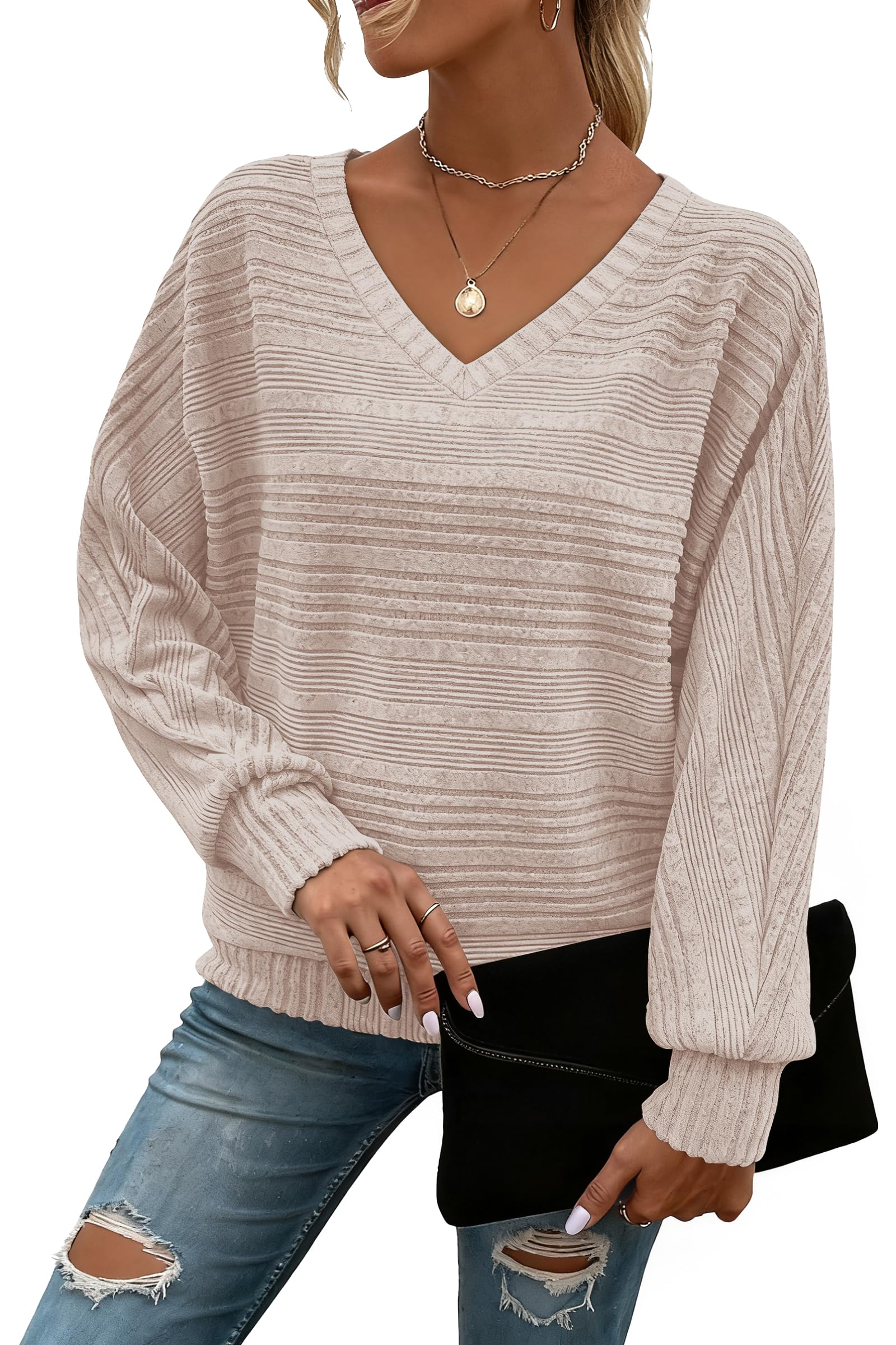 Long Sleeve Shirts for Women Casual V Neck Pullover Sweaters Tunic Tops Dressy Blouses Fall Fashion Clothes 2025-image-32
