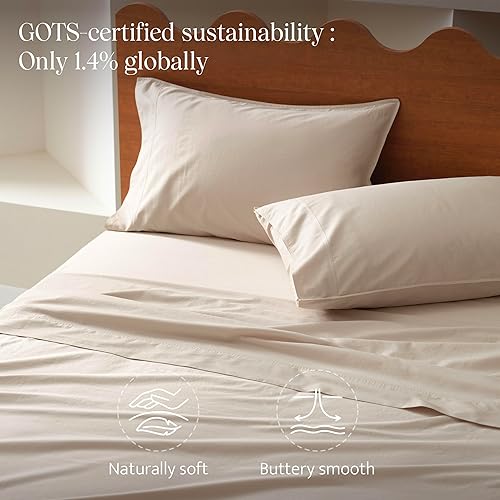 Miniatura 3 de Juego de sábanas de algodón orgánico de doble puntada, tamaño King, suaves y transpirables de 4 piezas, ropa de cama de lujo de tejido satinado